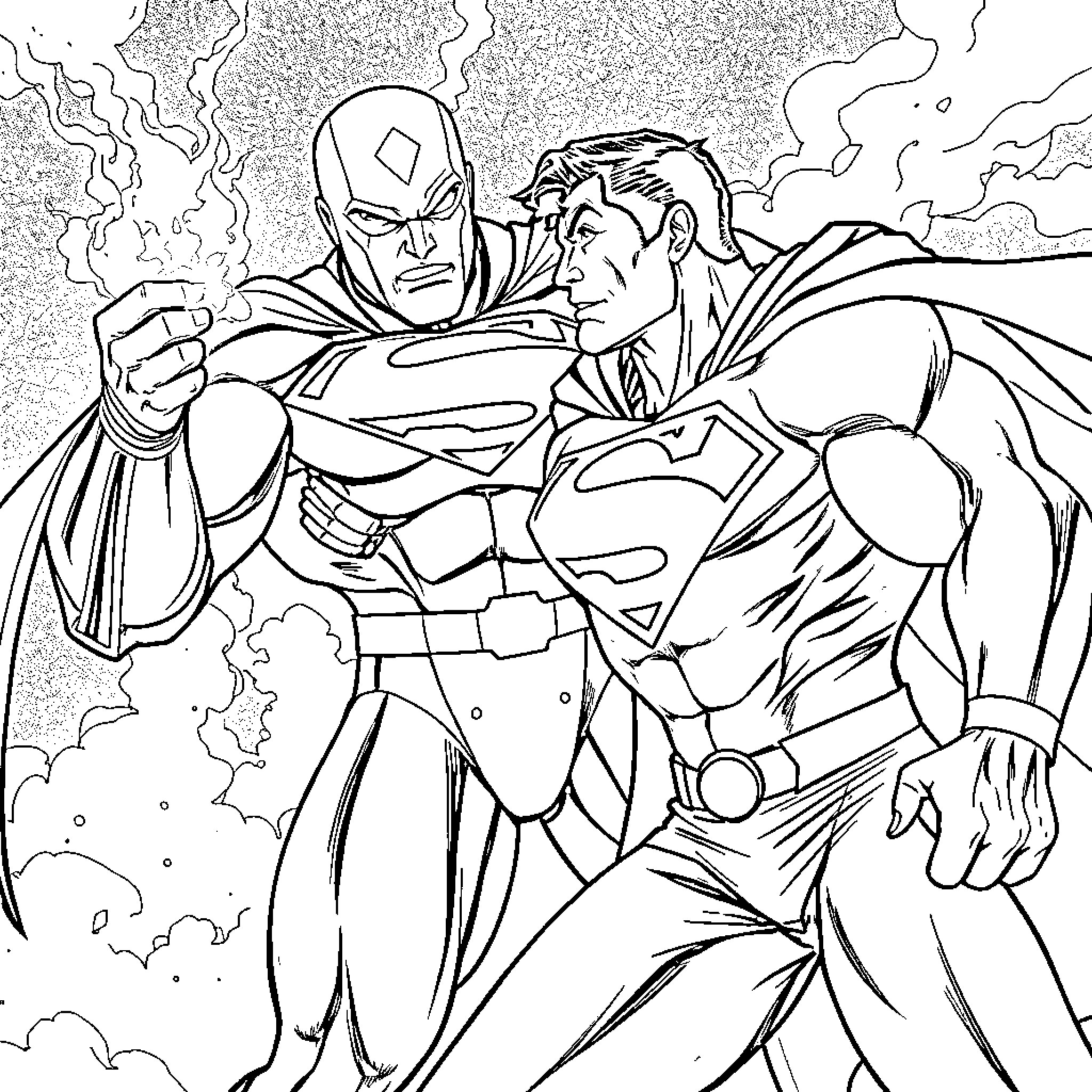 Omniman's Clash with Superman in a Fierce Battle Coloring Page (free black-and-white line drawing printable PDF for all, from beginners to advanced learners, including children, teens, adults, and seniors)