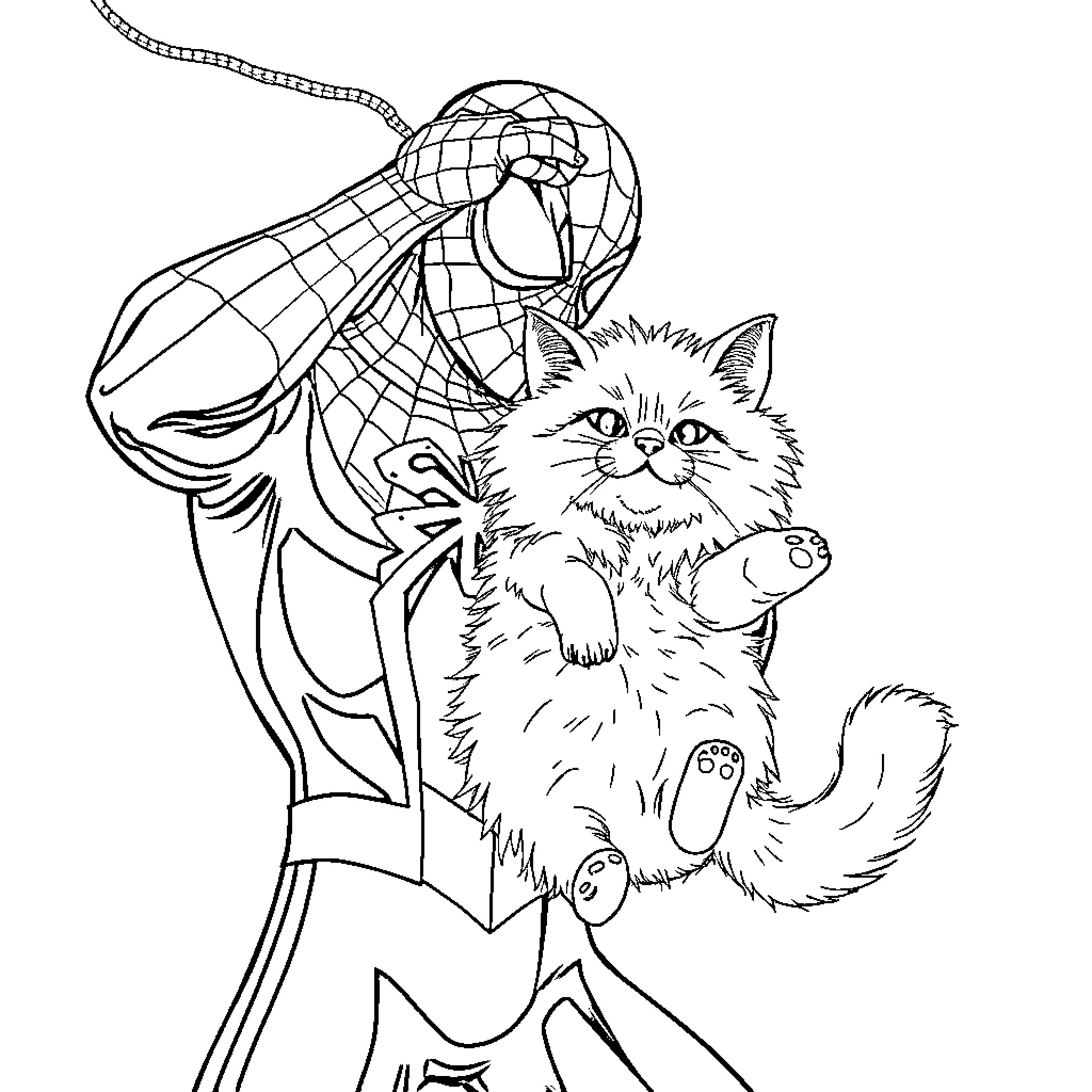 Spuerman and his furry friend in a playful embrace Coloring Page (free black-and-white line drawing printable PDF for all, from beginners to advanced learners, including children, teens, adults, and seniors)
