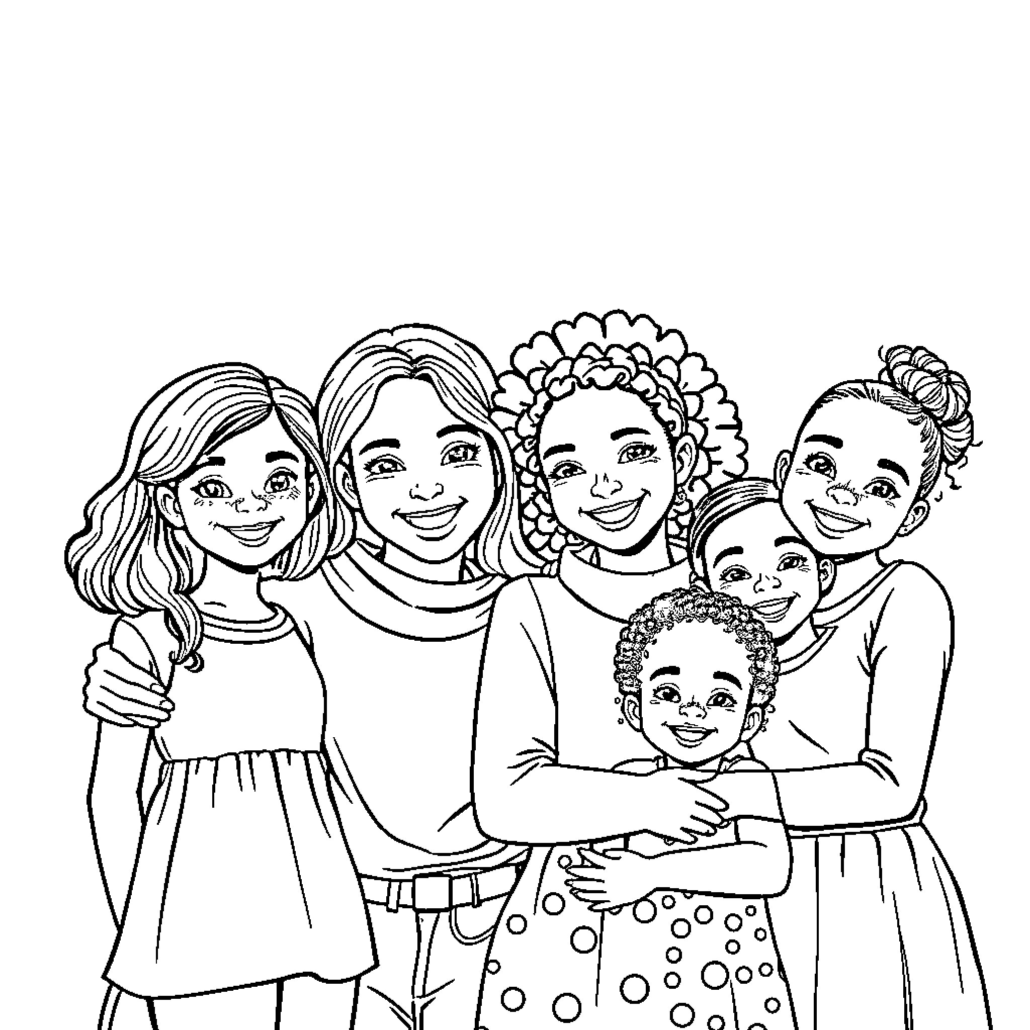 Family Portrait of Smiling Women and Child Coloring Page (free black-and-white line drawing printable PDF for all, from beginners to advanced learners, including children, teens, adults, and seniors)
