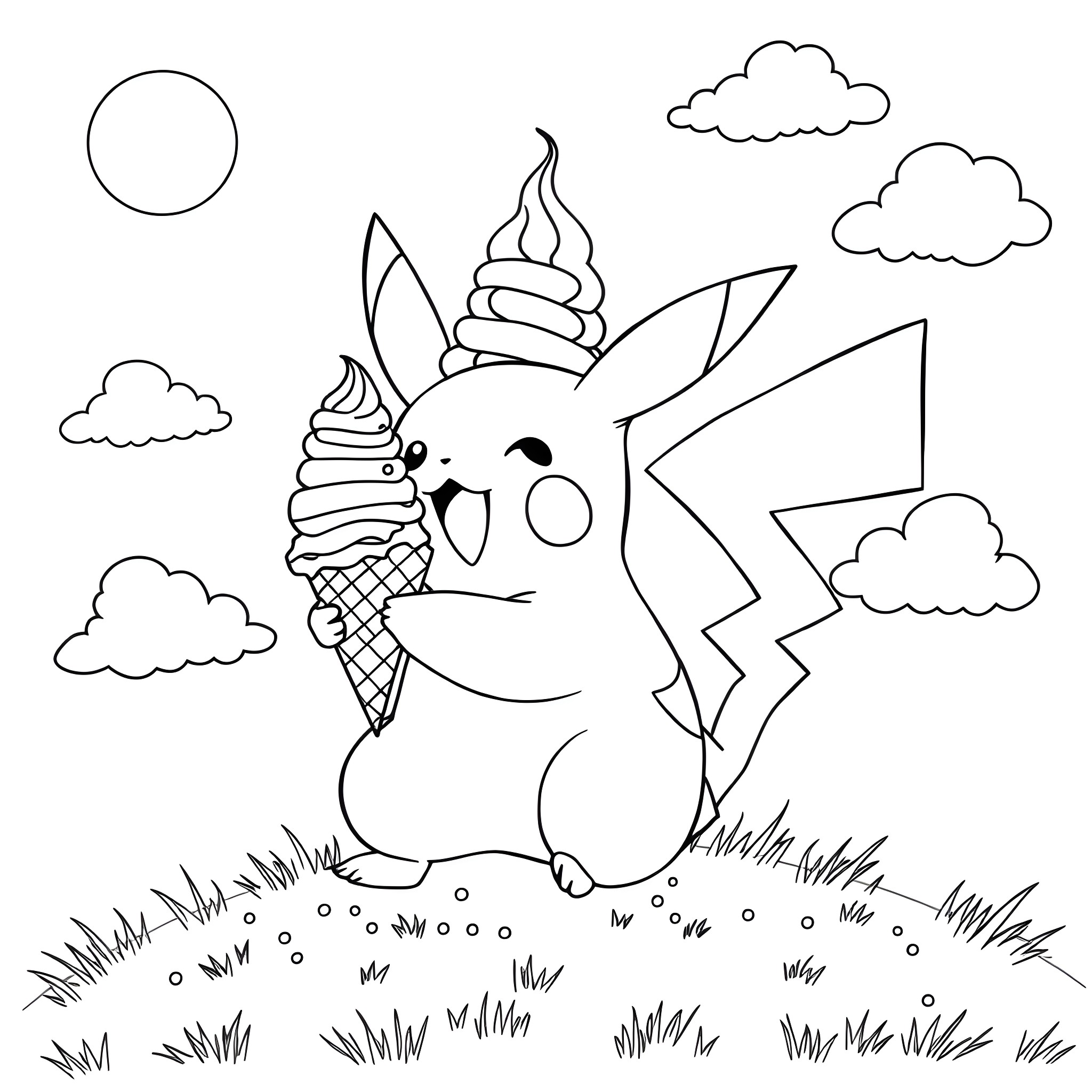 Pikachu enjoying an ice cream cone in a grassy field Coloring Page (free black-and-white line drawing printable PDF for all, from beginners to advanced learners, including children, teens, adults, and seniors)