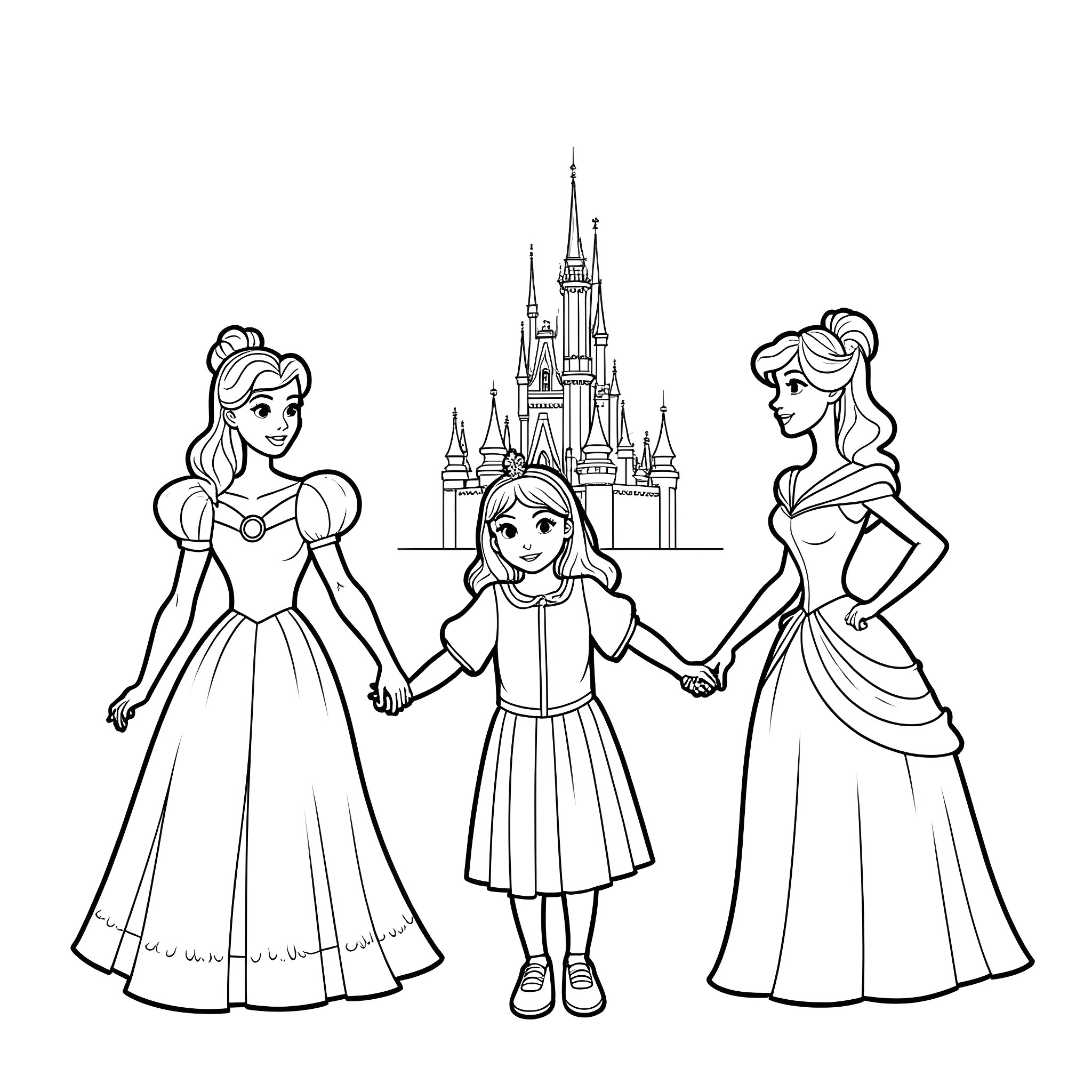 Girl Princesses and Castle in the Background Coloring Page (free black-and-white line drawing printable PDF for all, from beginners to advanced learners, including children, teens, adults, and seniors)