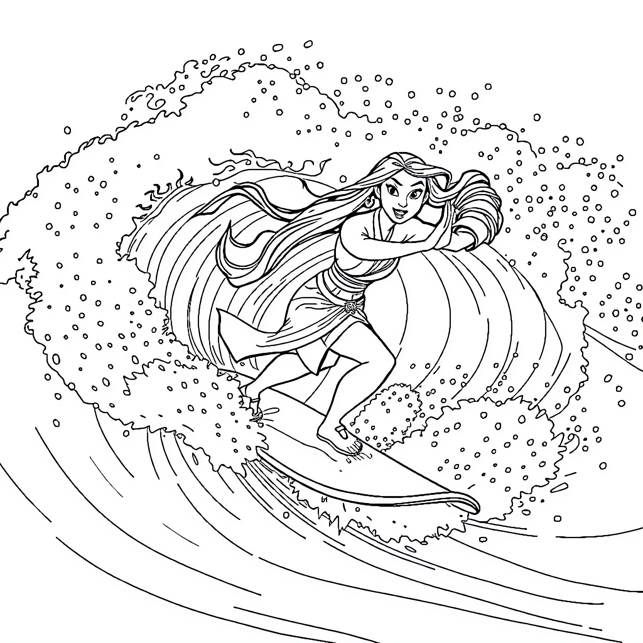 Mulan surfing amidst the waves and snowfall Coloring Page (free black-and-white line drawing printable PDF for all, from beginners to advanced learners, including children, teens, adults, and seniors)