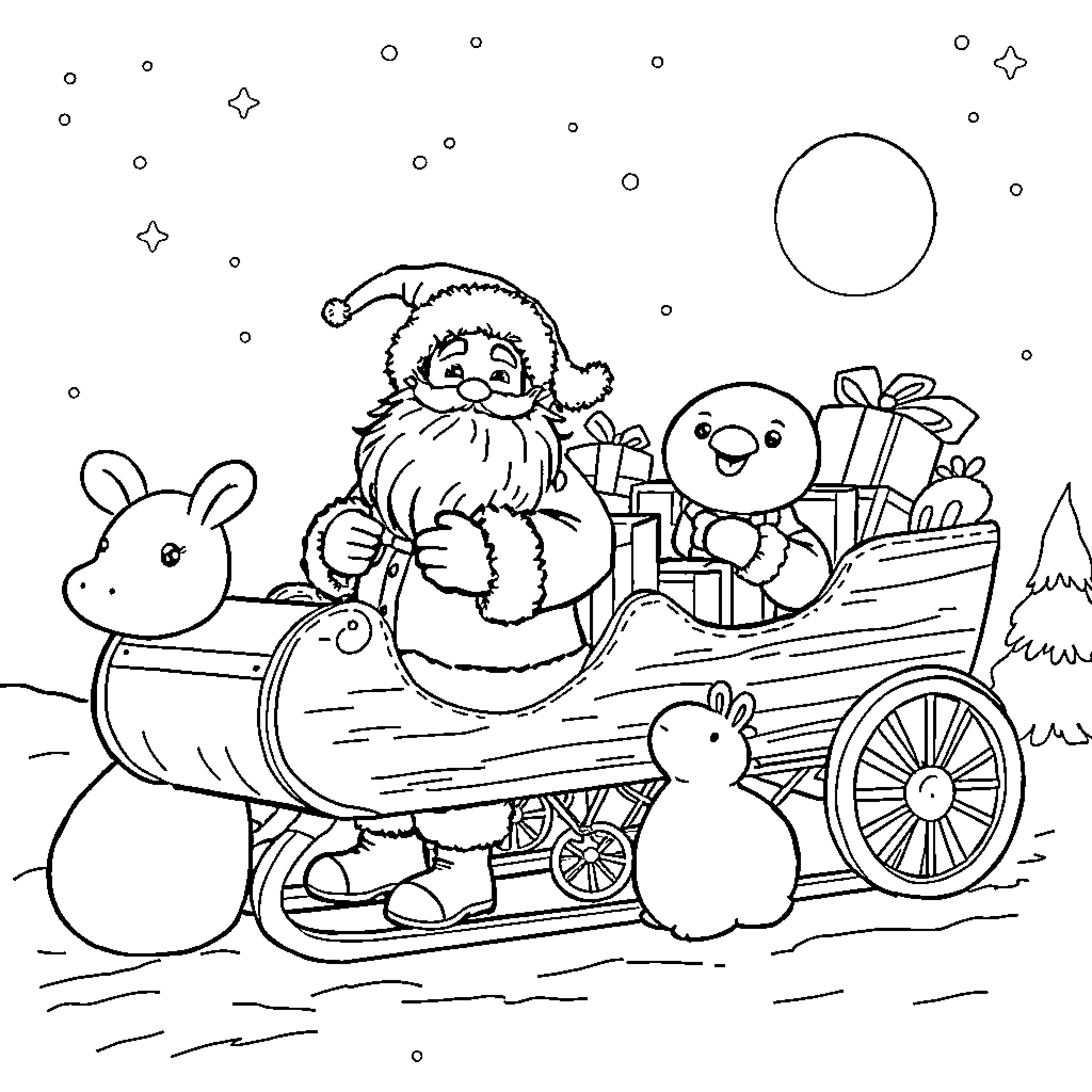 Lutin's Winter Wonderland Adventure Coloring Page (free black-and-white line drawing printable PDF for all, from beginners to advanced learners, including children, teens, adults, and seniors)