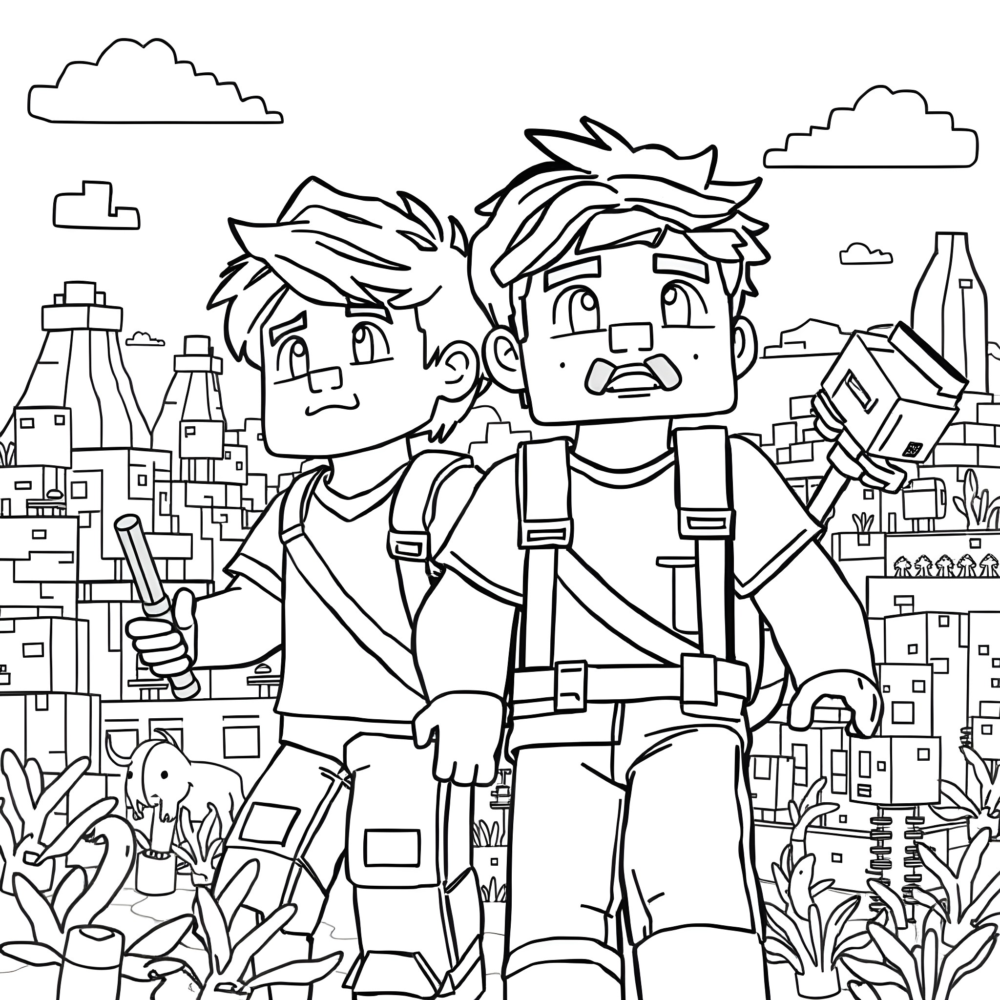 Boy walking through a bustling city scene Coloring Page (free black-and-white line drawing printable PDF for all, from beginners to advanced learners, including children, teens, adults, and seniors)