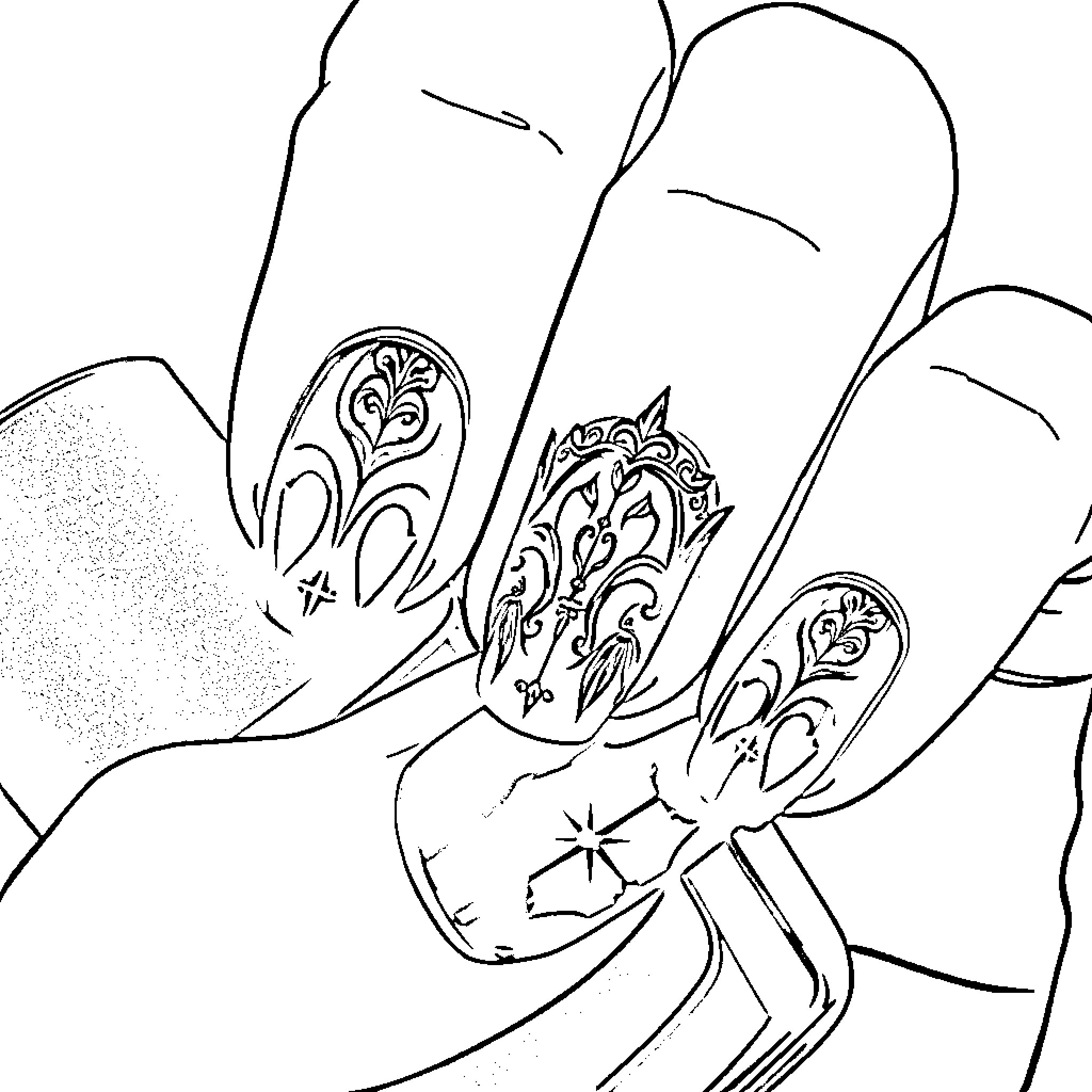 Vampire Nails with Intricate Designs Coloring Page (free black-and-white line drawing printable PDF for all, from beginners to advanced learners, including children, teens, adults, and seniors)