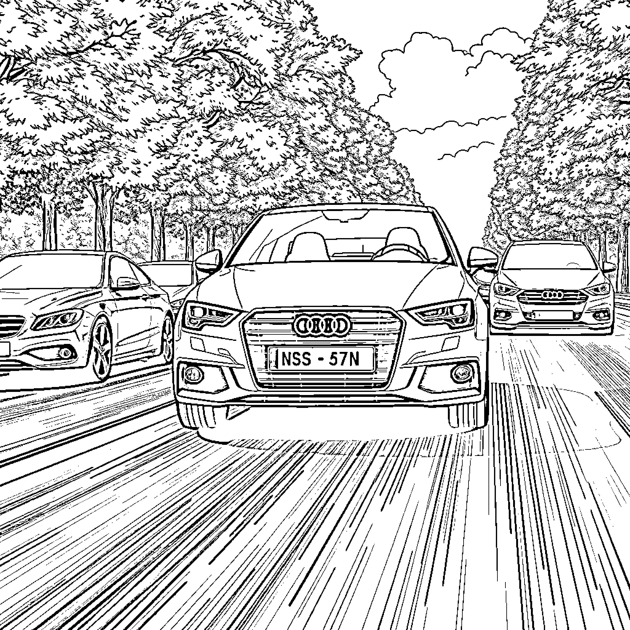 Audi vehicles driving on a scenic road Coloring Page (free black-and-white line drawing printable PDF for all, from beginners to advanced learners, including children, teens, adults, and seniors)