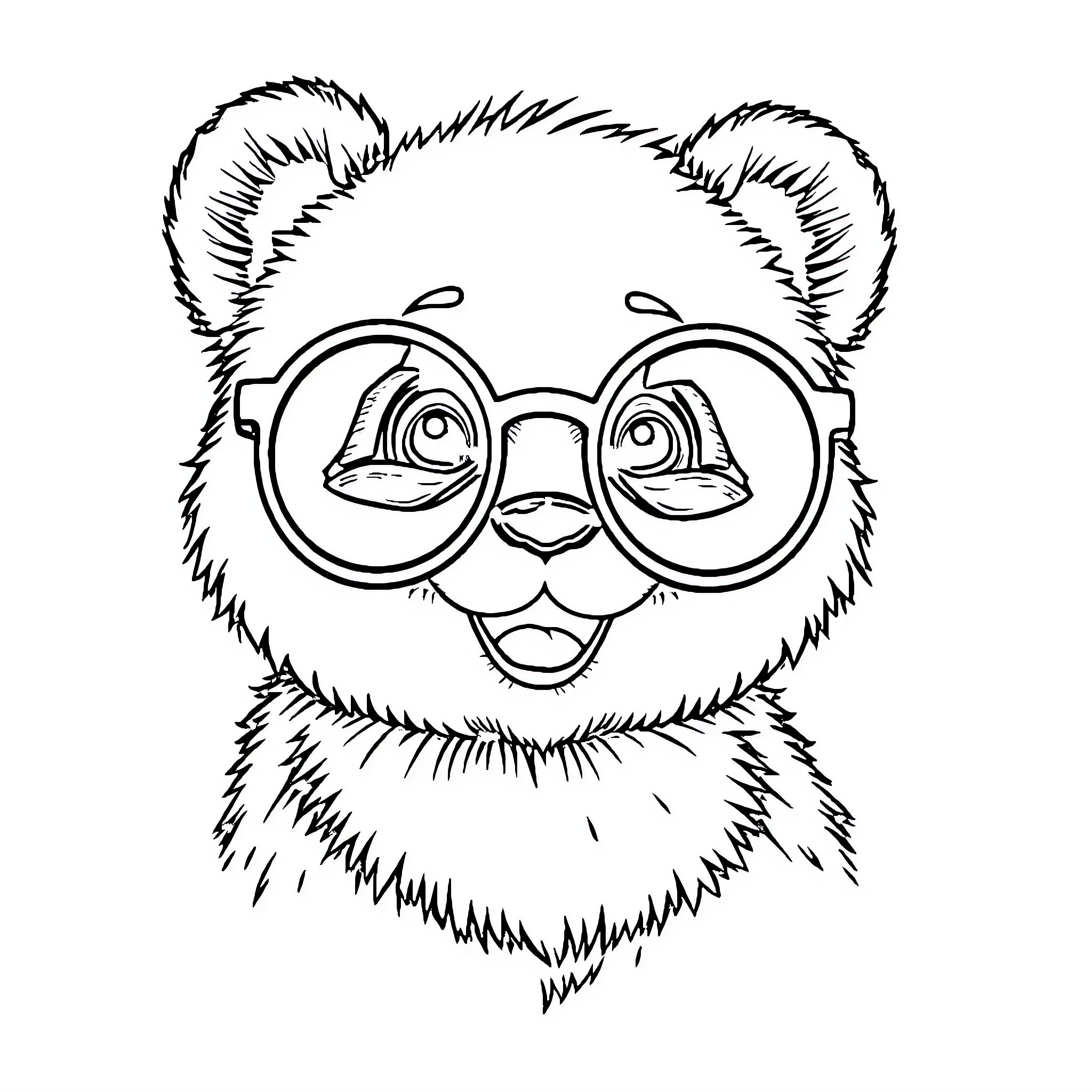 Panda wearing fun glasses and smiling happily Coloring Page (free black-and-white line drawing printable PDF for all, from beginners to advanced learners, including children, teens, adults, and seniors)