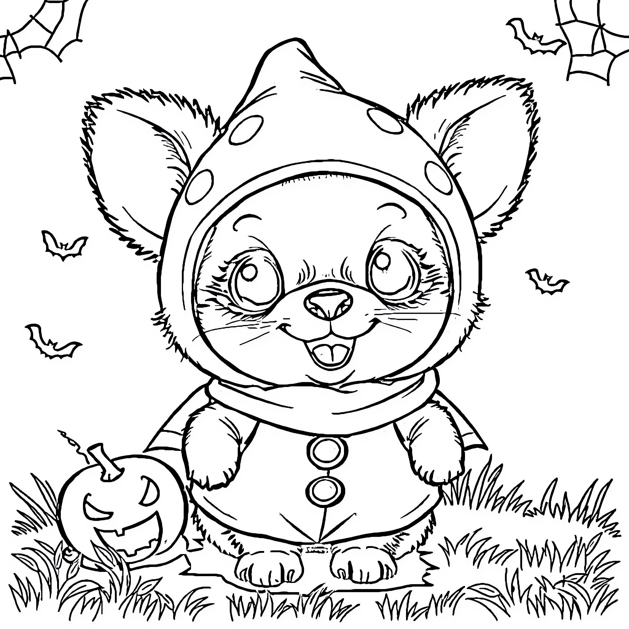 Polochon's Halloween costume adventure Coloring Page (free black-and-white line drawing printable PDF for all, from beginners to advanced learners, including children, teens, adults, and seniors)