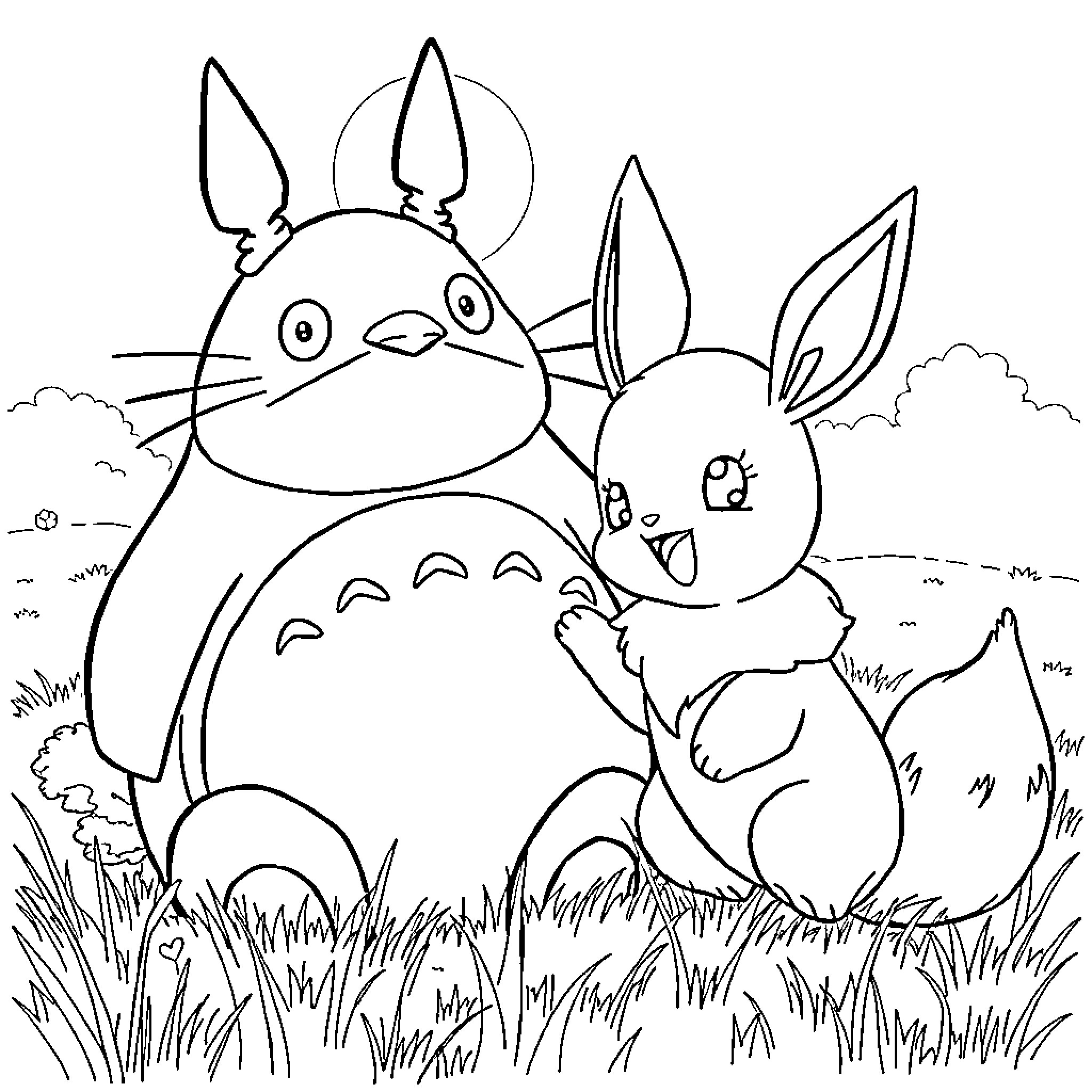 Eevee and Totoro playing together in the meadow Coloring Page (free black-and-white line drawing printable PDF for all, from beginners to advanced learners, including children, teens, adults, and seniors)