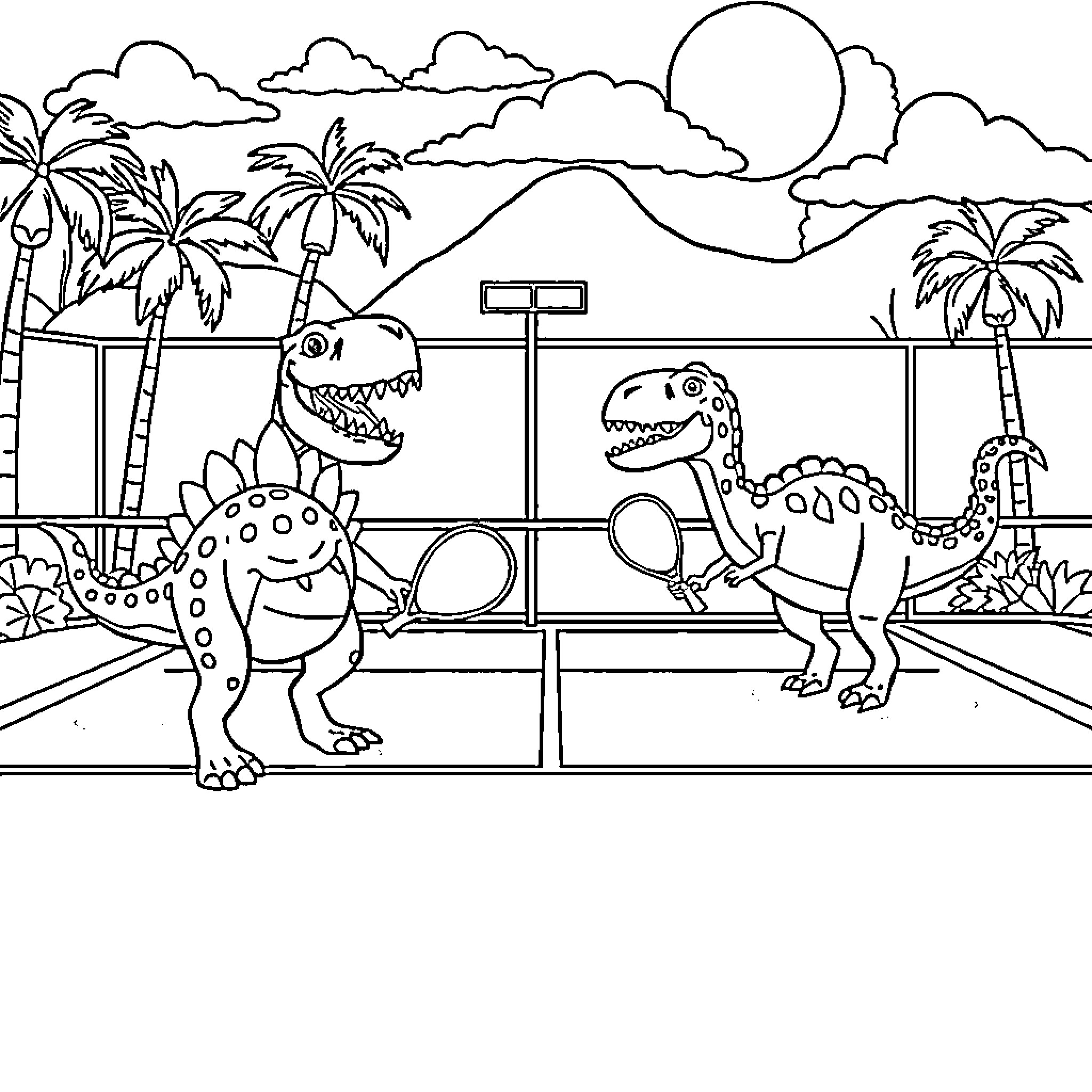 Dinosaurs Playing in a Tropical Park Coloring Page (free black-and-white line drawing printable PDF for all, from beginners to advanced learners, including children, teens, adults, and seniors)