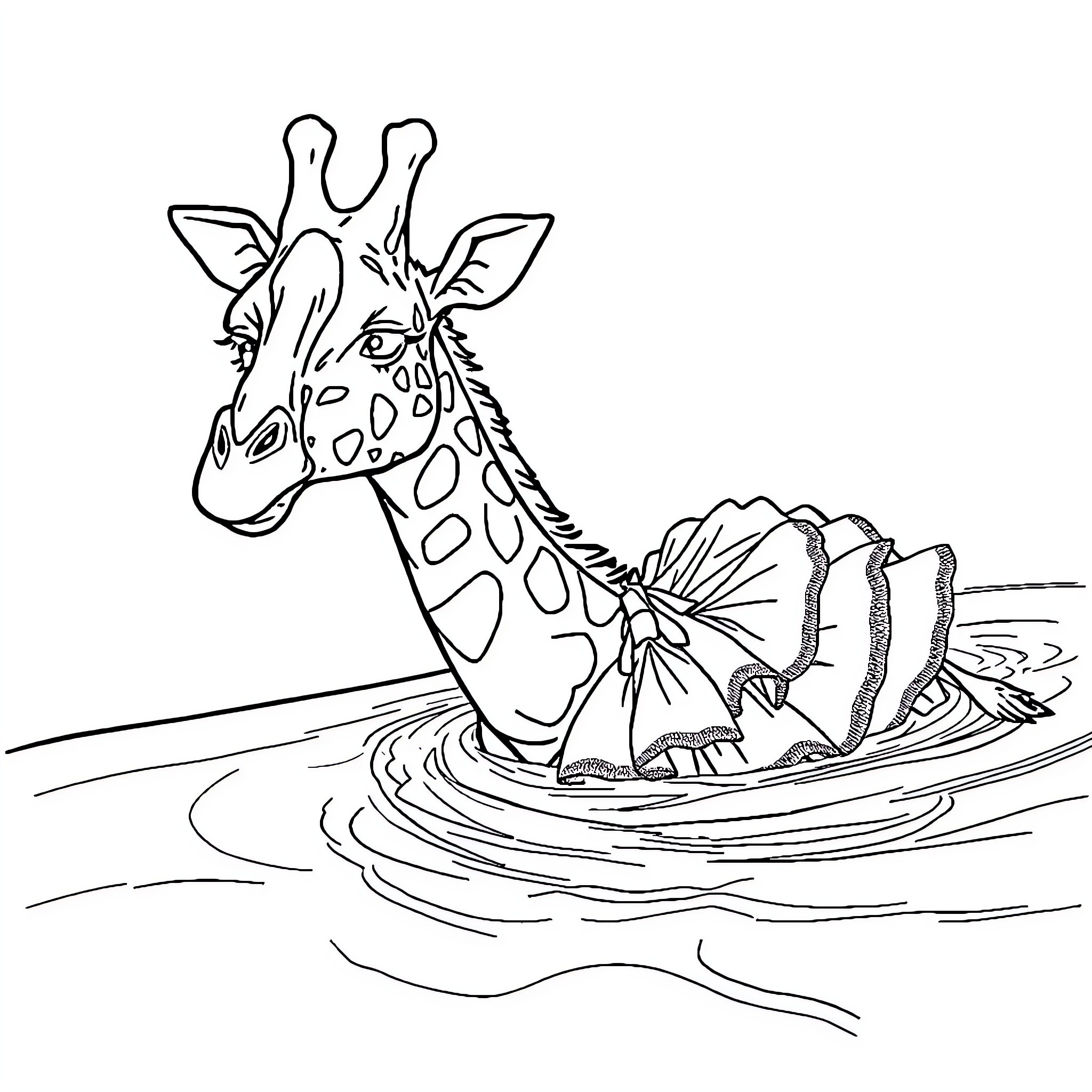 Giraffe enjoying a relaxing swim Coloring Page (free black-and-white line drawing printable PDF for all, from beginners to advanced learners, including children, teens, adults, and seniors)