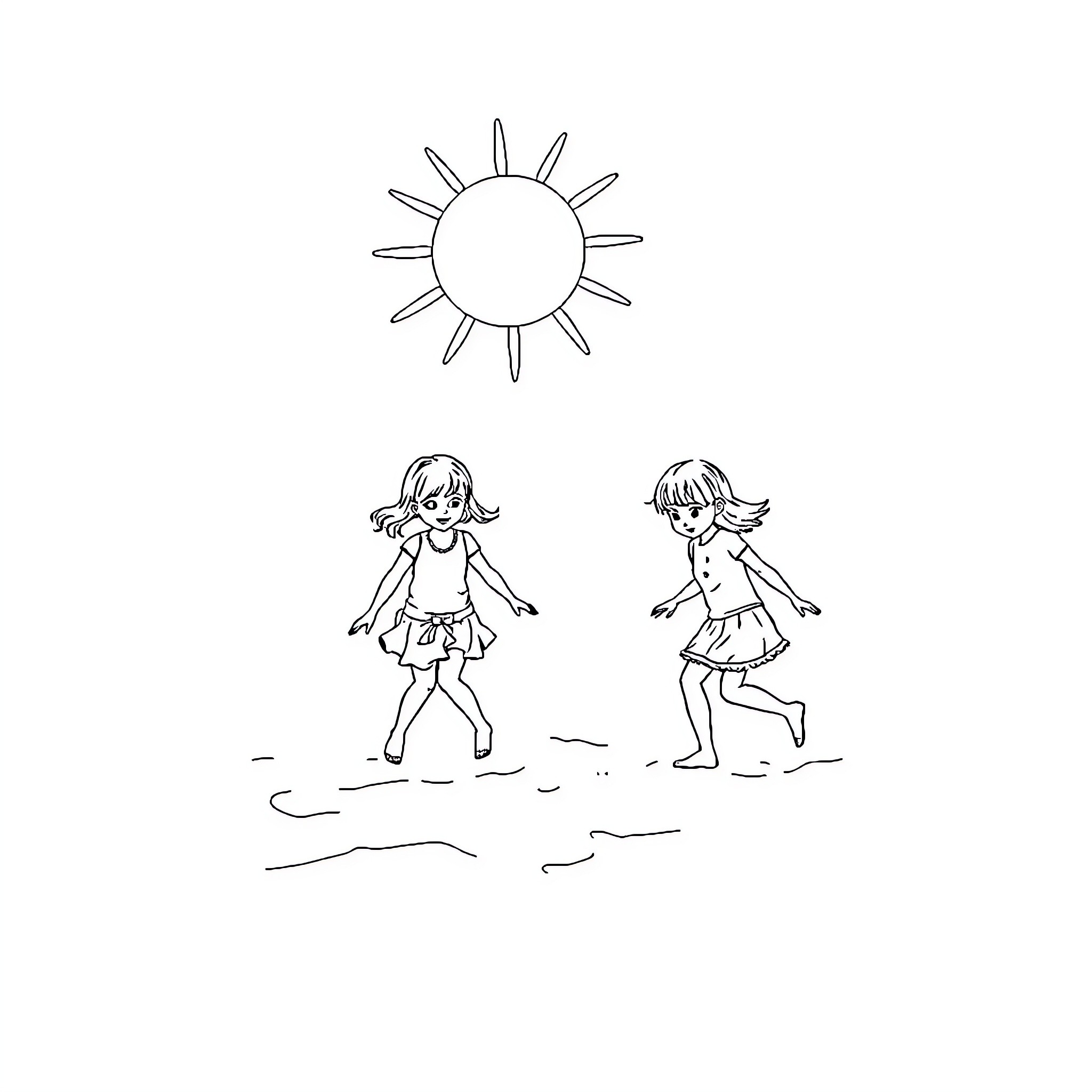 Girls playing joyfully on the beach Coloring Page (free black-and-white line drawing printable PDF for all, from beginners to advanced learners, including children, teens, adults, and seniors)