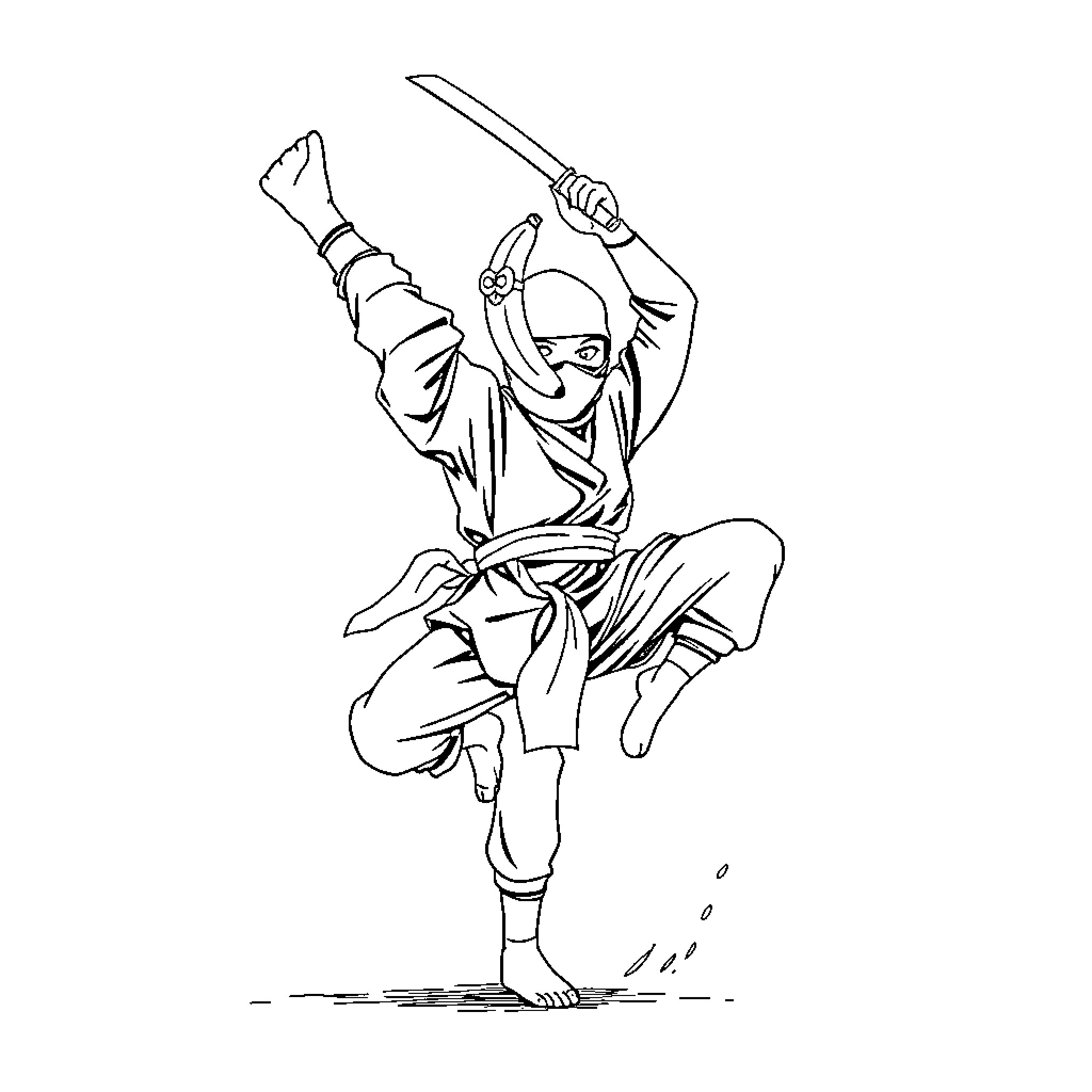 Ninja in a dynamic fighting pose Coloring Page (free black-and-white line drawing printable PDF for all, from beginners to advanced learners, including children, teens, adults, and seniors)