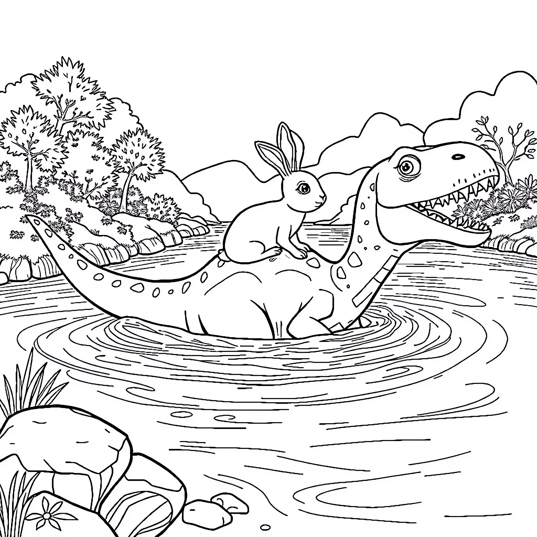 Rabbit playing with dinosaur in magical forest Coloring Page (free black-and-white line drawing printable PDF for all, from beginners to advanced learners, including children, teens, adults, and seniors)