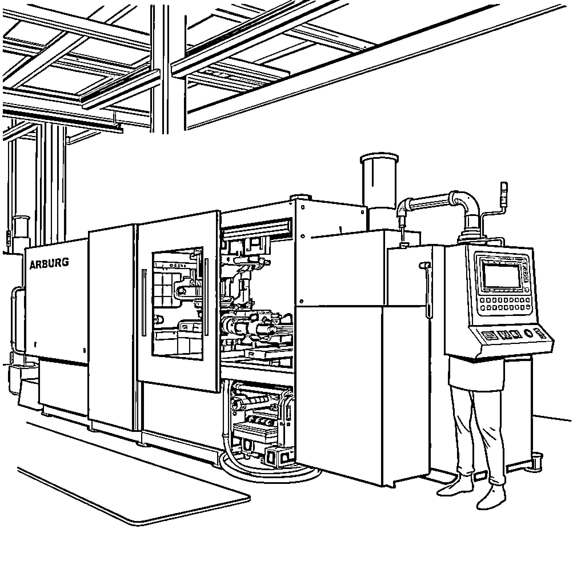 Injection Molding Equipment and Machinery in Factory Coloring Page (free black-and-white line drawing printable PDF for all, from beginners to advanced learners, including children, teens, adults, and seniors)