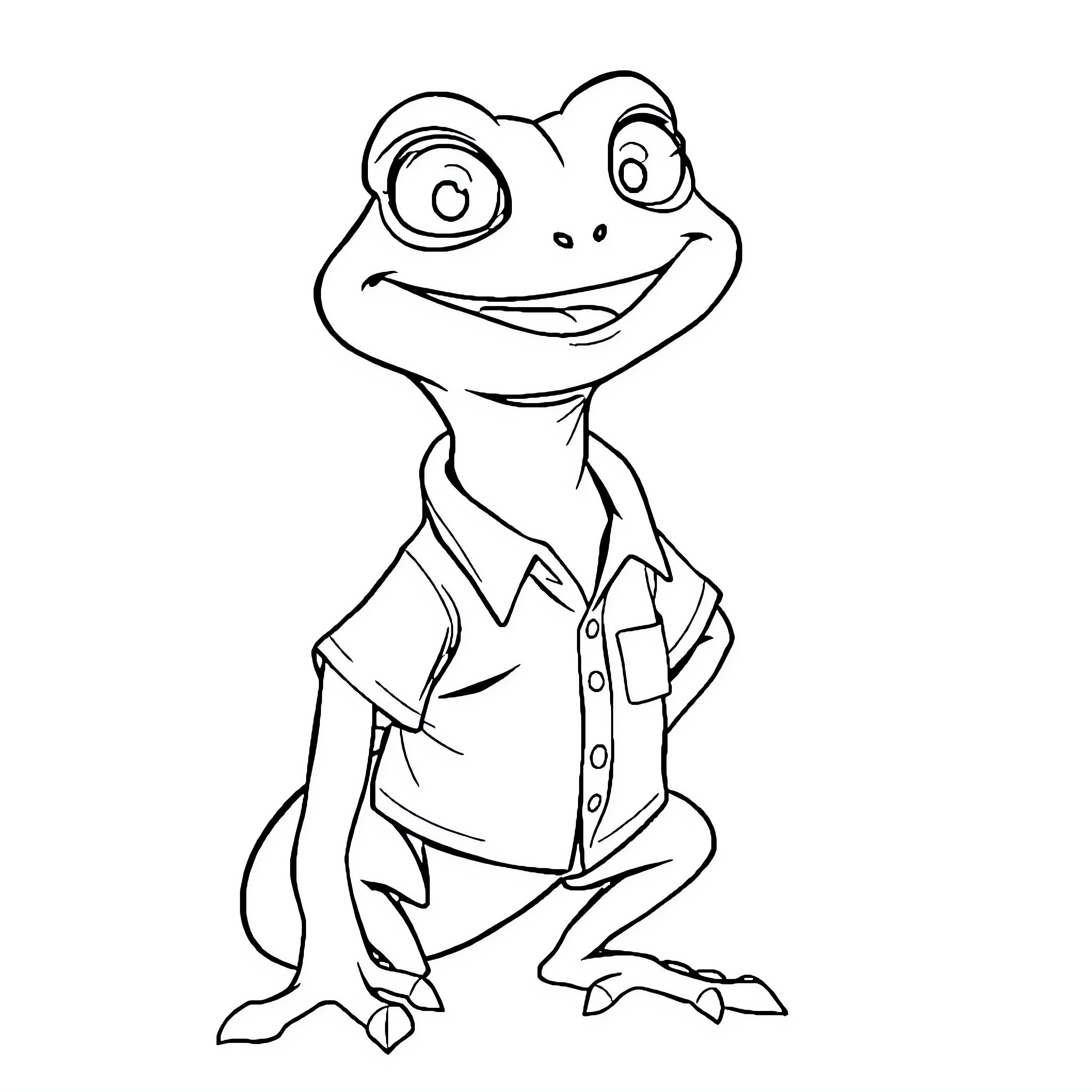 Gecko with a friendly expression in casual attire Coloring Page (free black-and-white line drawing printable PDF for all, from beginners to advanced learners, including children, teens, adults, and seniors)