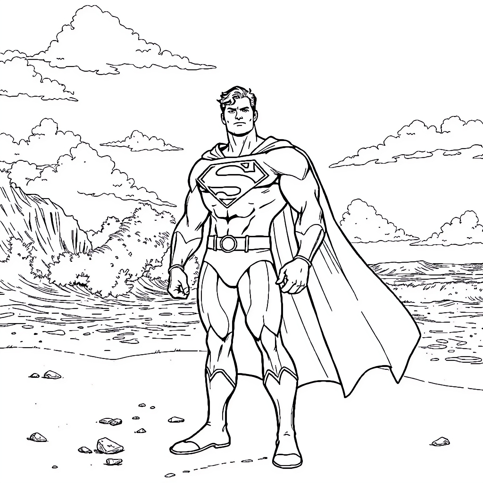 Superman Heroically Stands Tall in Scenic Landscape Coloring Page (free black-and-white line drawing printable PDF for all, from beginners to advanced learners, including children, teens, adults, and seniors)