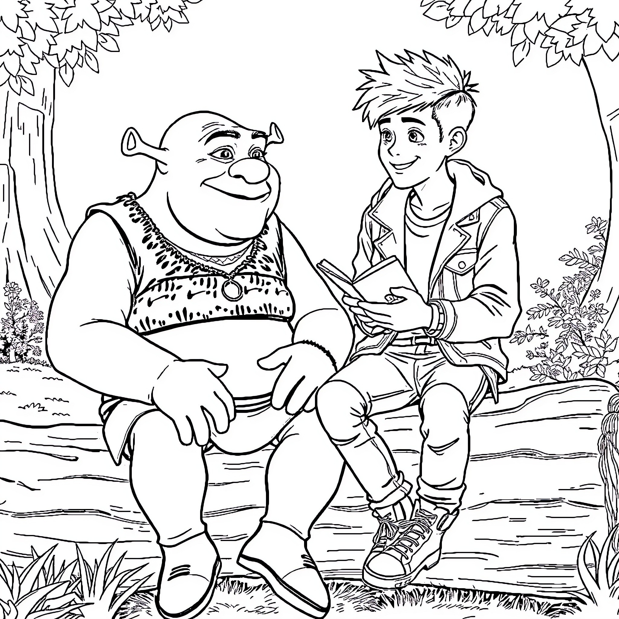 Shrek and friend chatting happily in the woods Coloring Page (free black-and-white line drawing printable PDF for all, from beginners to advanced learners, including children, teens, adults, and seniors)