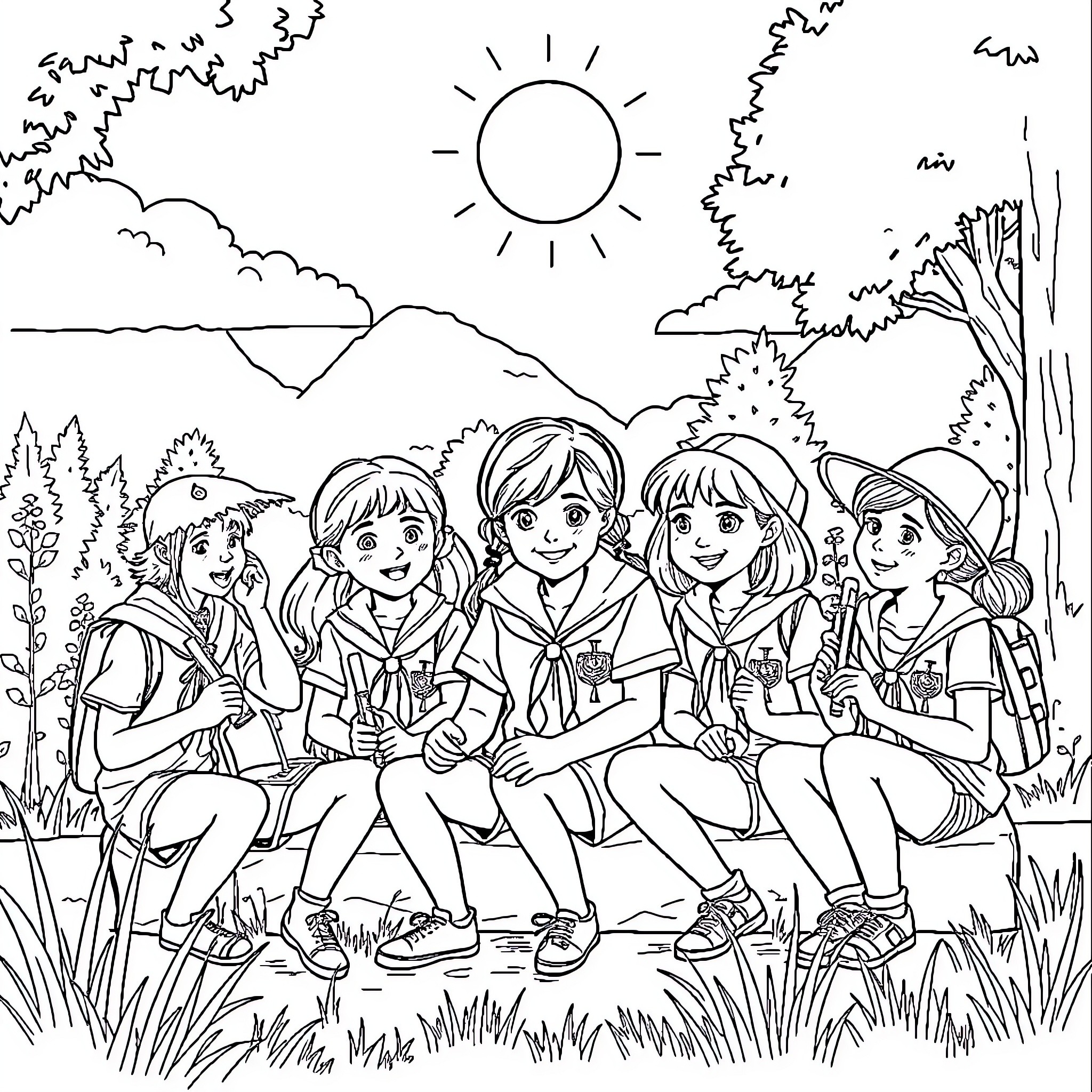 Girl Scout Troop Enjoying Nature's Beauty Coloring Page (free black-and-white line drawing printable PDF for all, from beginners to advanced learners, including children, teens, adults, and seniors)
