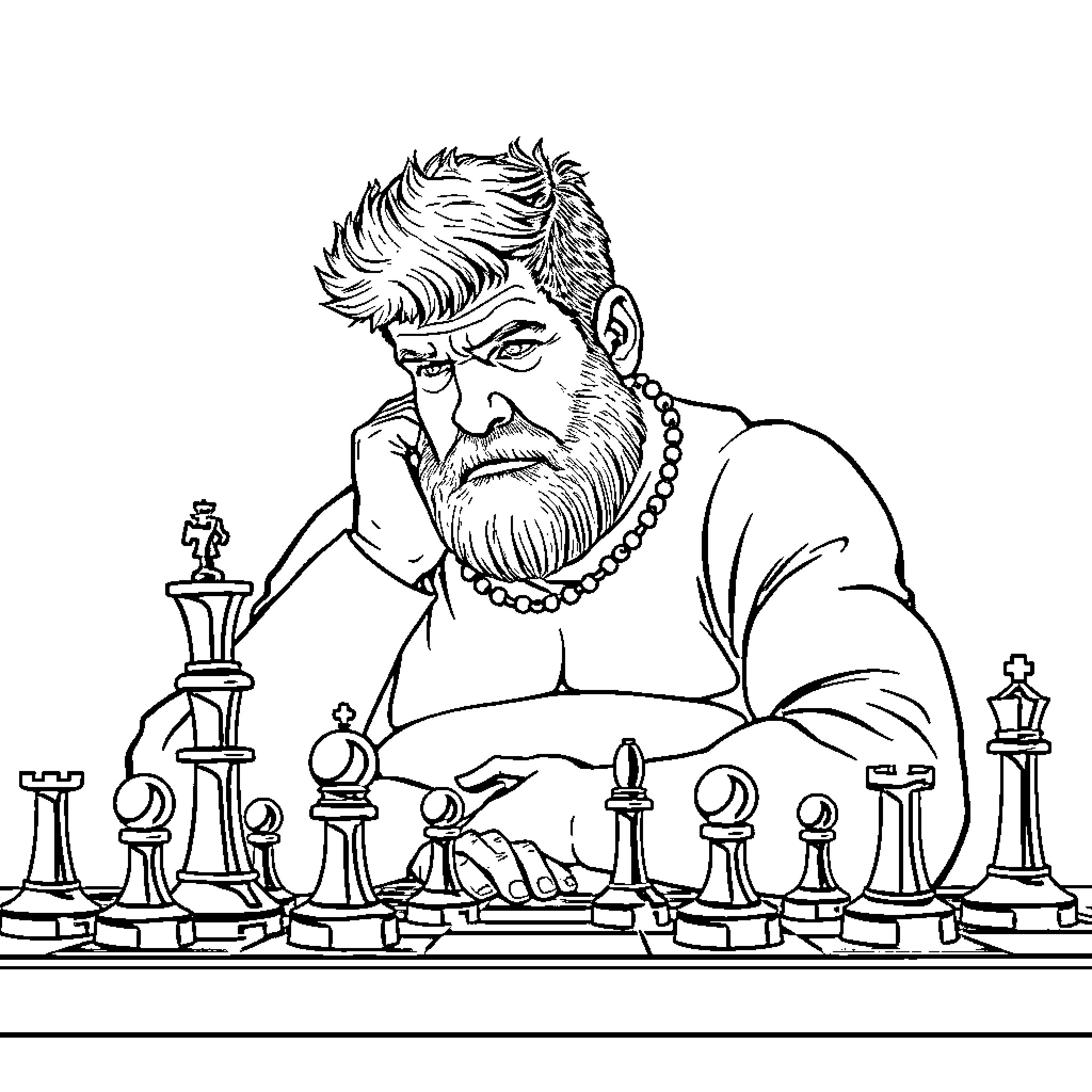 Magnus Carlsen contemplating chess strategy Coloring Page (free black-and-white line drawing printable PDF for all, from beginners to advanced learners, including children, teens, adults, and seniors)