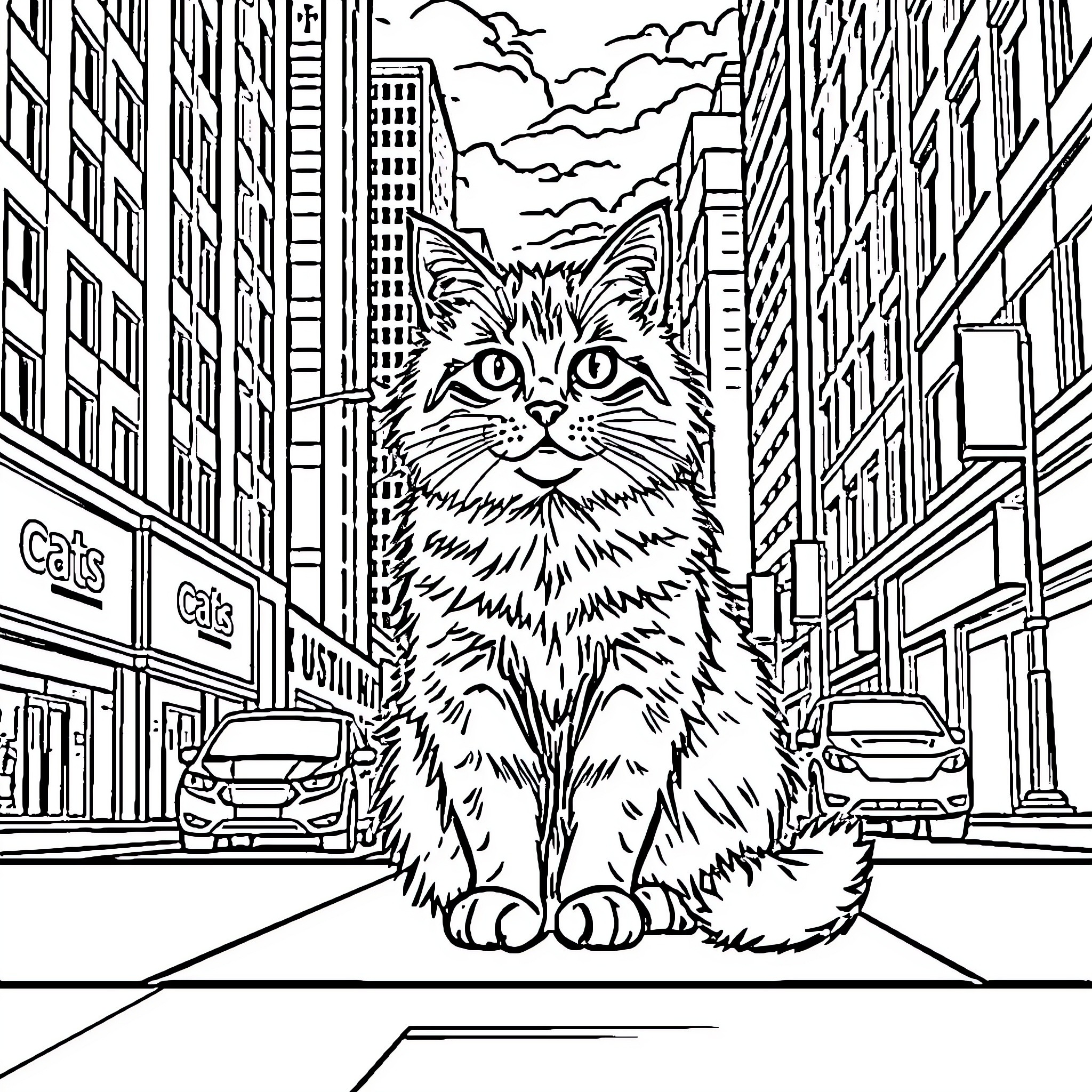 Cat exploring the urban cityscape Coloring Page (free black-and-white line drawing printable PDF for all, from beginners to advanced learners, including children, teens, adults, and seniors)