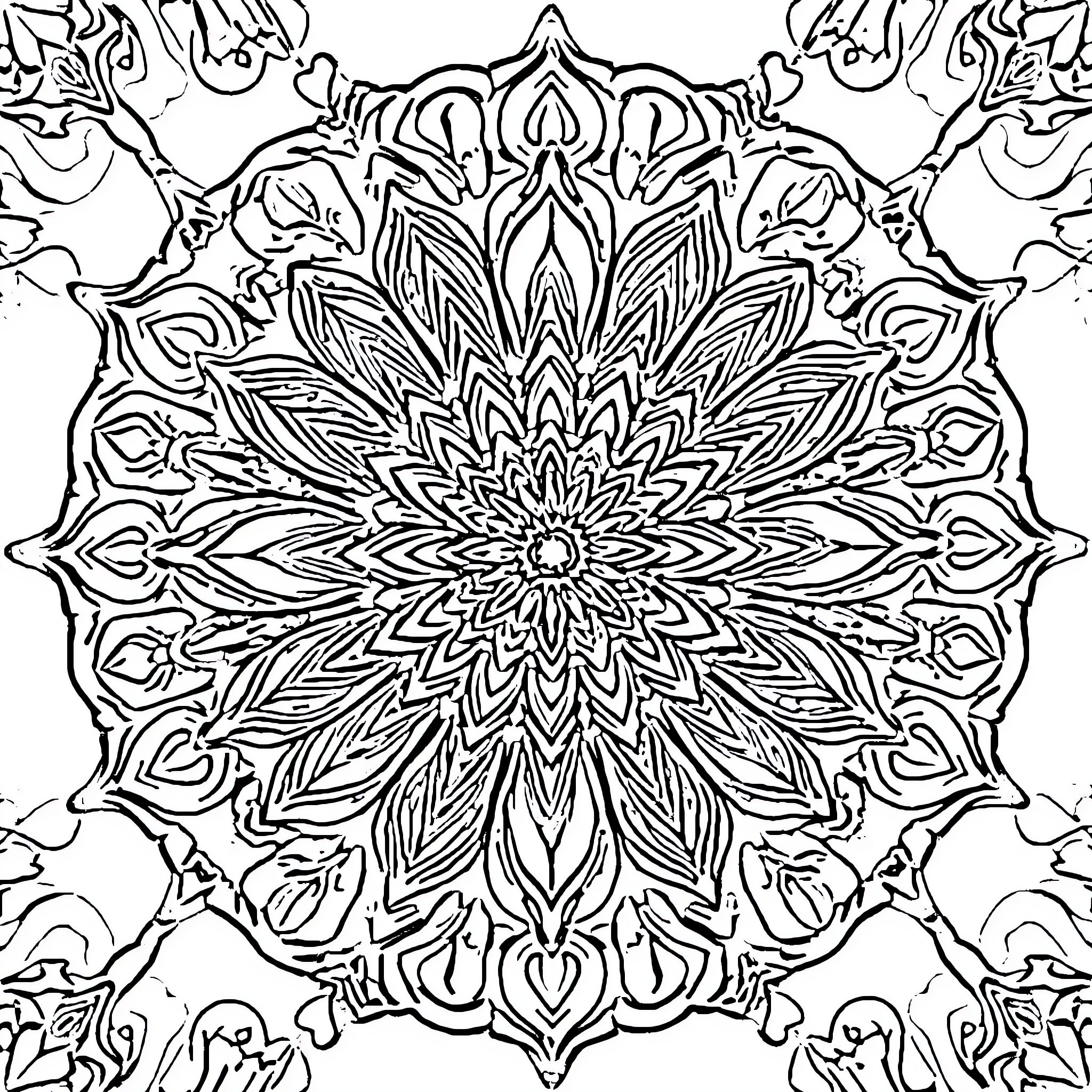 Mandala of intricate floral patterns Coloring Page (free black-and-white line drawing printable PDF for all, from beginners to advanced learners, including children, teens, adults, and seniors)