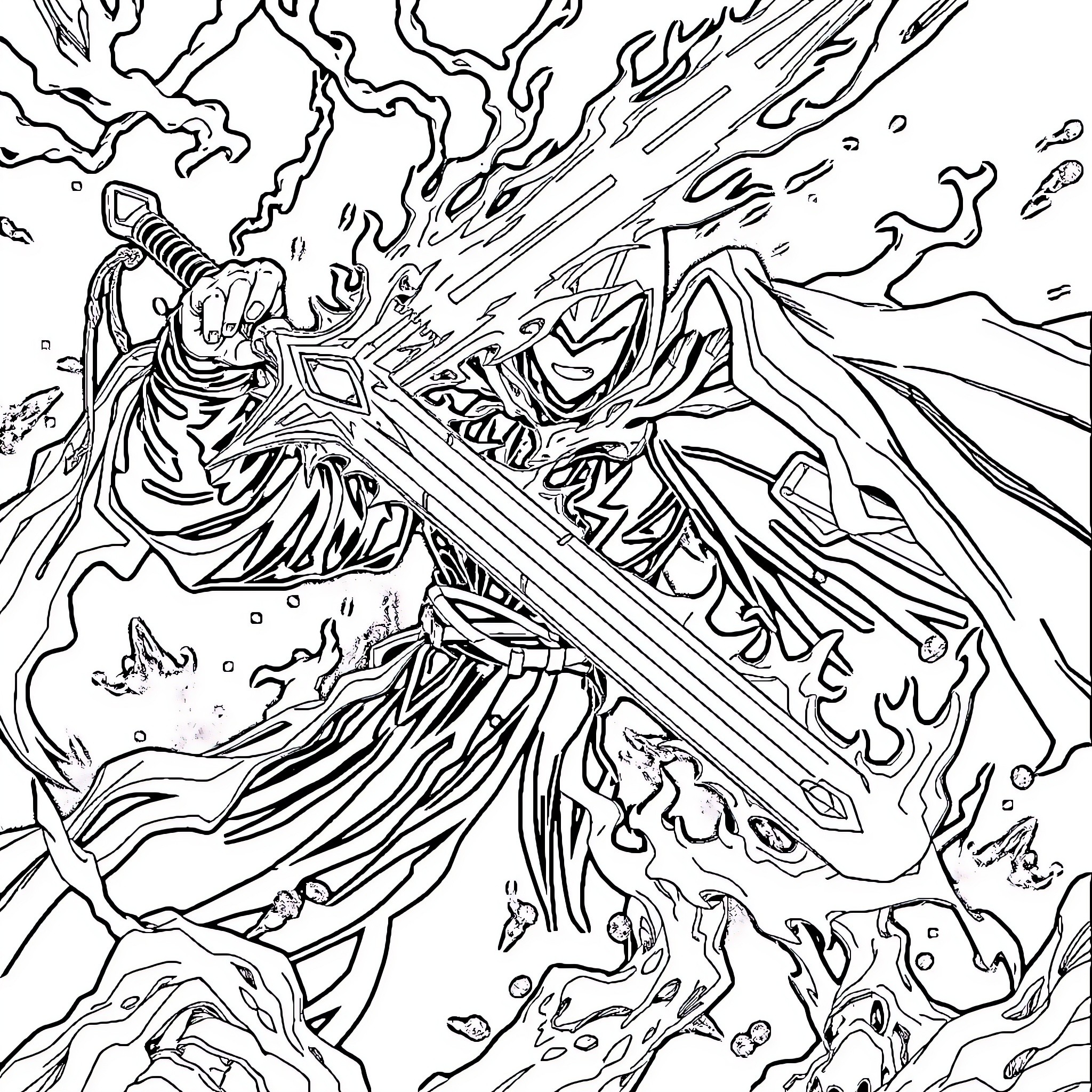 Bankai: Clash of Powerful Beings in Fierce Combat Coloring Page (free black-and-white line drawing printable PDF for all, from beginners to advanced learners, including children, teens, adults, and seniors)