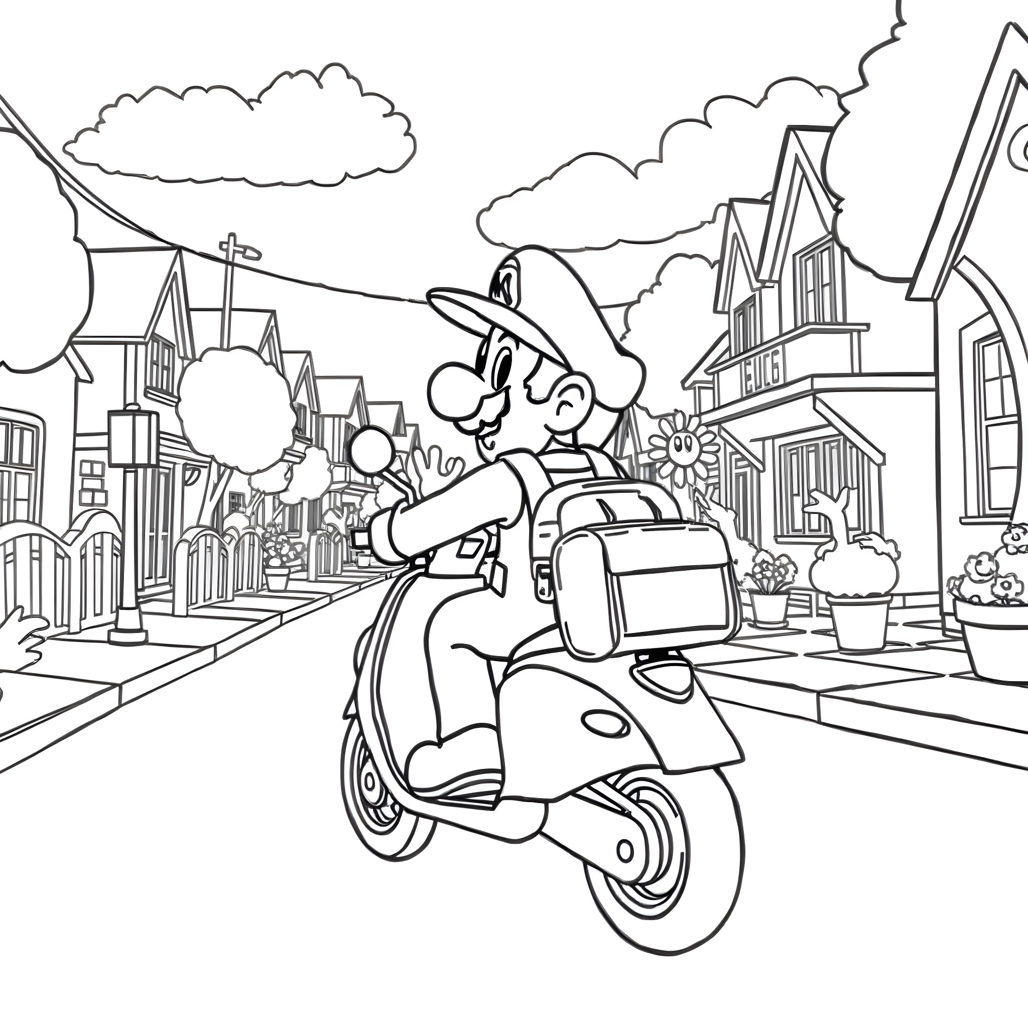 Mario riding a scooter through a lively town Coloring Page (free black-and-white line drawing printable PDF for all, from beginners to advanced learners, including children, teens, adults, and seniors)