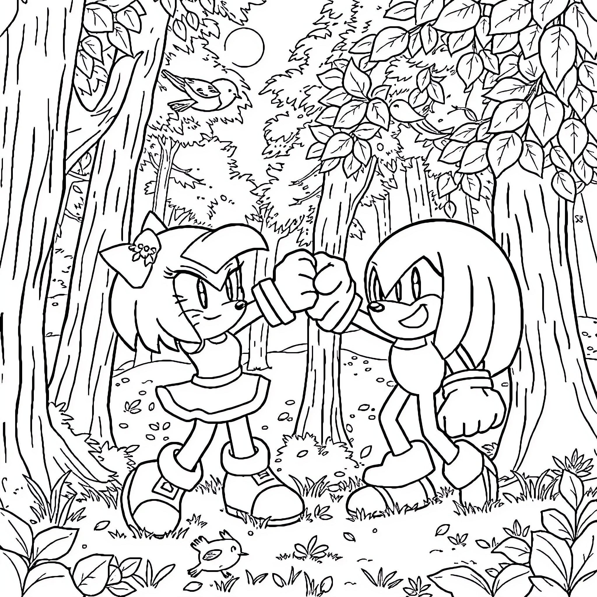 Amy Rose exploring the whimsical forest with friends Coloring Page (free black-and-white line drawing printable PDF for all, from beginners to advanced learners, including children, teens, adults, and seniors)