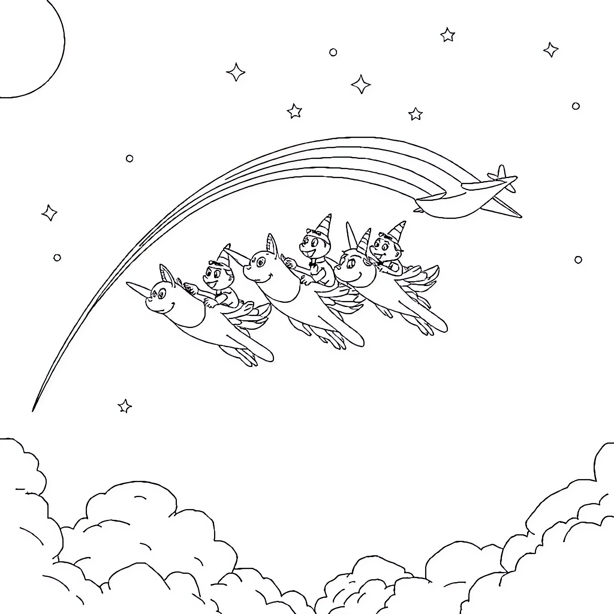 Paw Patrol flying through the starry night sky Coloring Page (free black-and-white line drawing printable PDF for all, from beginners to advanced learners, including children, teens, adults, and seniors)