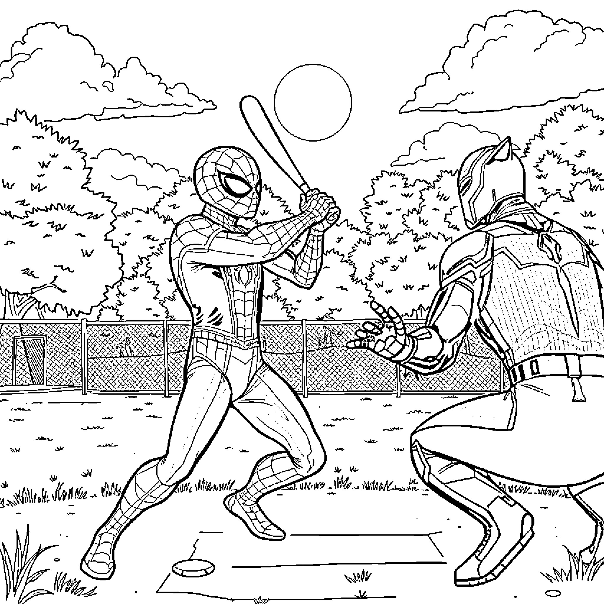 Spiderman battles villainous foe in epic outdoor showdown Coloring Page (free black-and-white line drawing printable PDF for all, from beginners to advanced learners, including children, teens, adults, and seniors)
