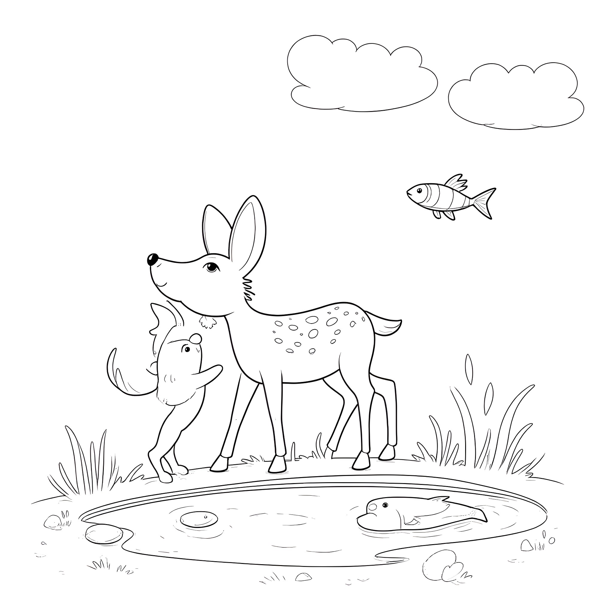 Deer exploring nature near a pond Coloring Page (free black-and-white line drawing printable PDF for all, from beginners to advanced learners, including children, teens, adults, and seniors)