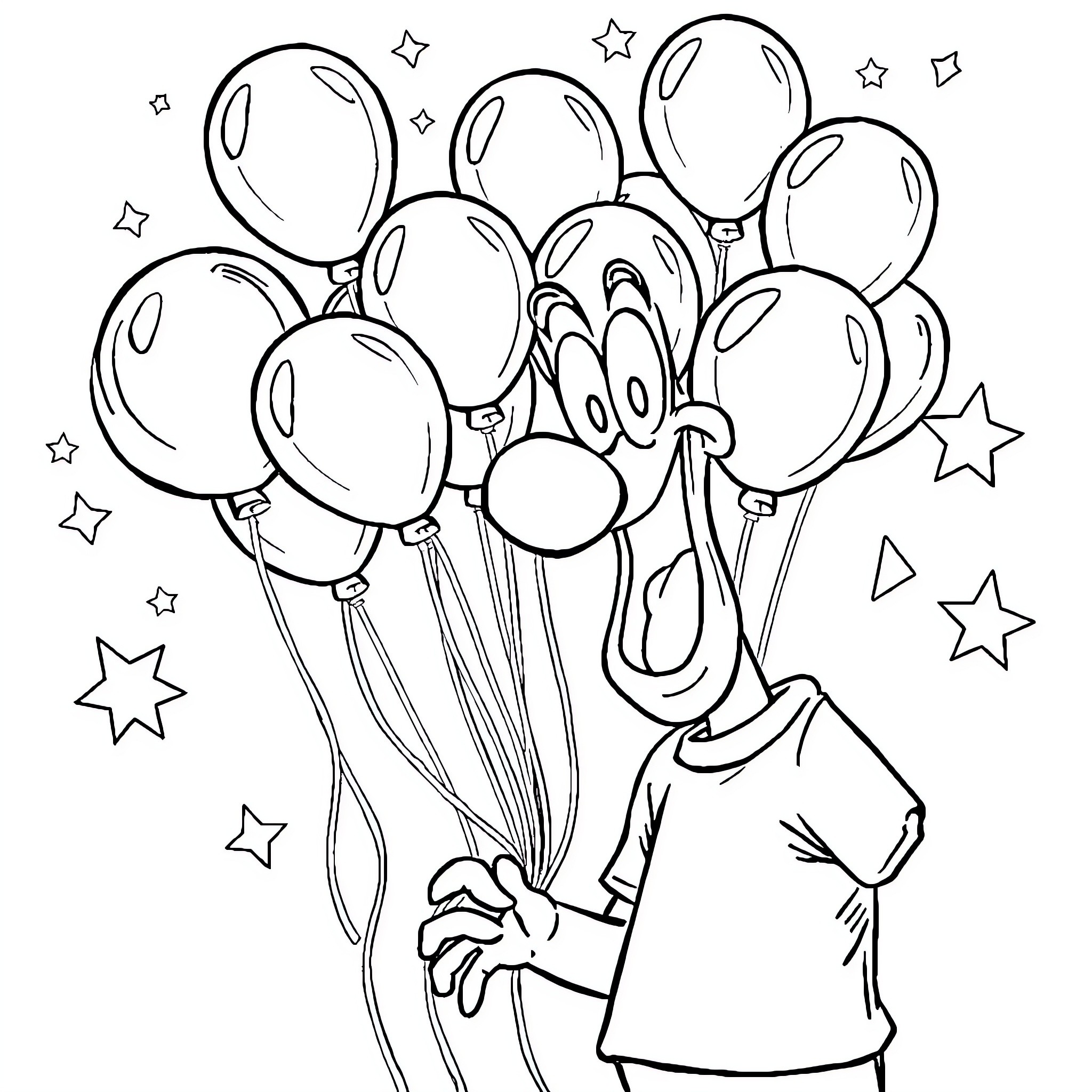 Balloon Bunch Bringing Joyful Celebration Coloring Page (free black-and-white line drawing printable PDF for all, from beginners to advanced learners, including children, teens, adults, and seniors)
