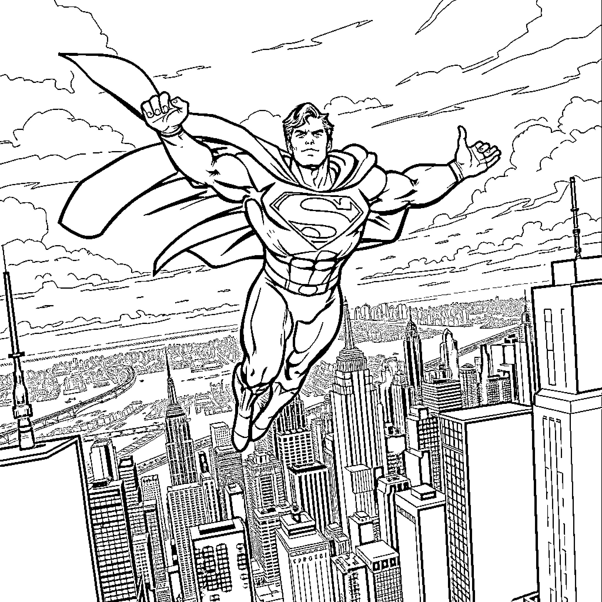 Superman heroically soaring over the city skyline Coloring Page (free black-and-white line drawing printable PDF for all, from beginners to advanced learners, including children, teens, adults, and seniors)