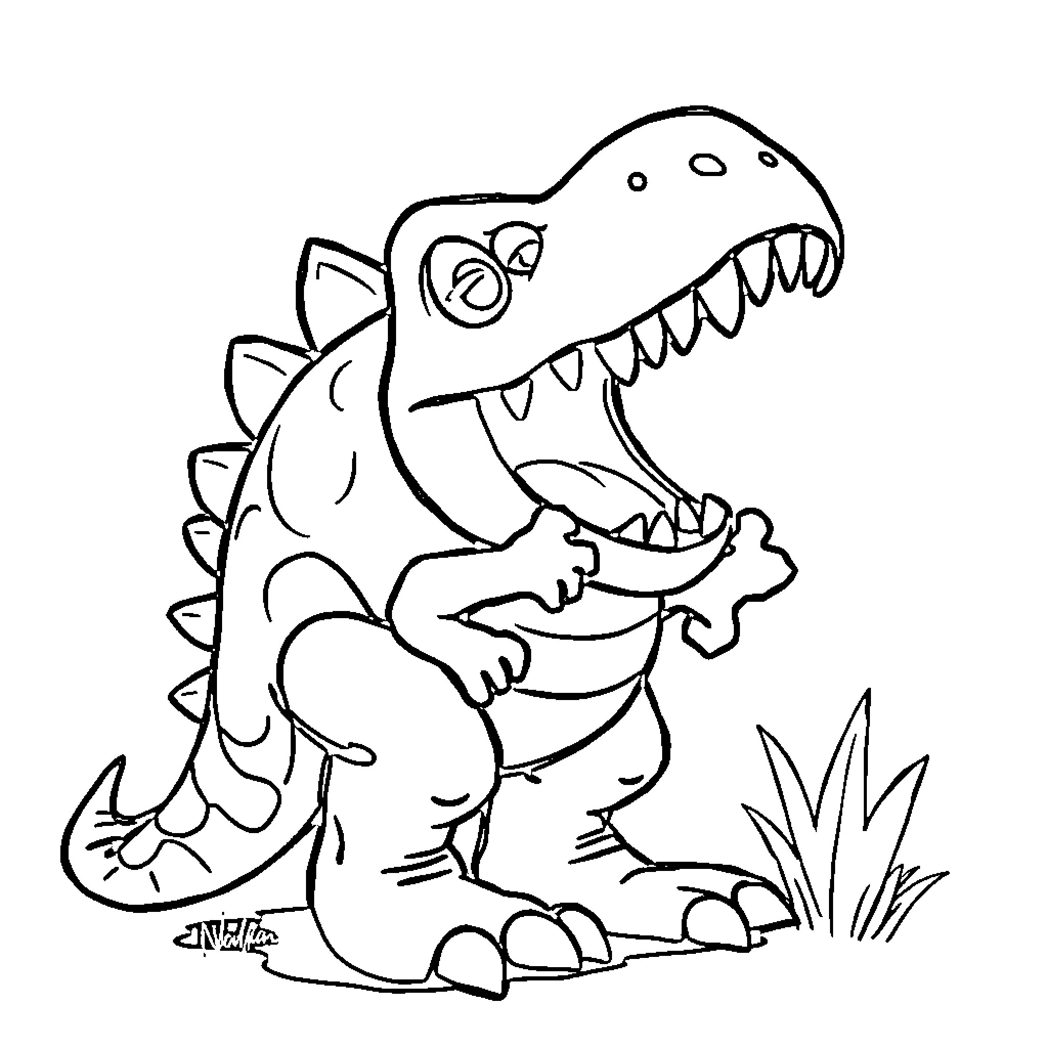 Pacman-like dinosaur devouring a bone Coloring Page (free black-and-white line drawing printable PDF for all, from beginners to advanced learners, including children, teens, adults, and seniors)