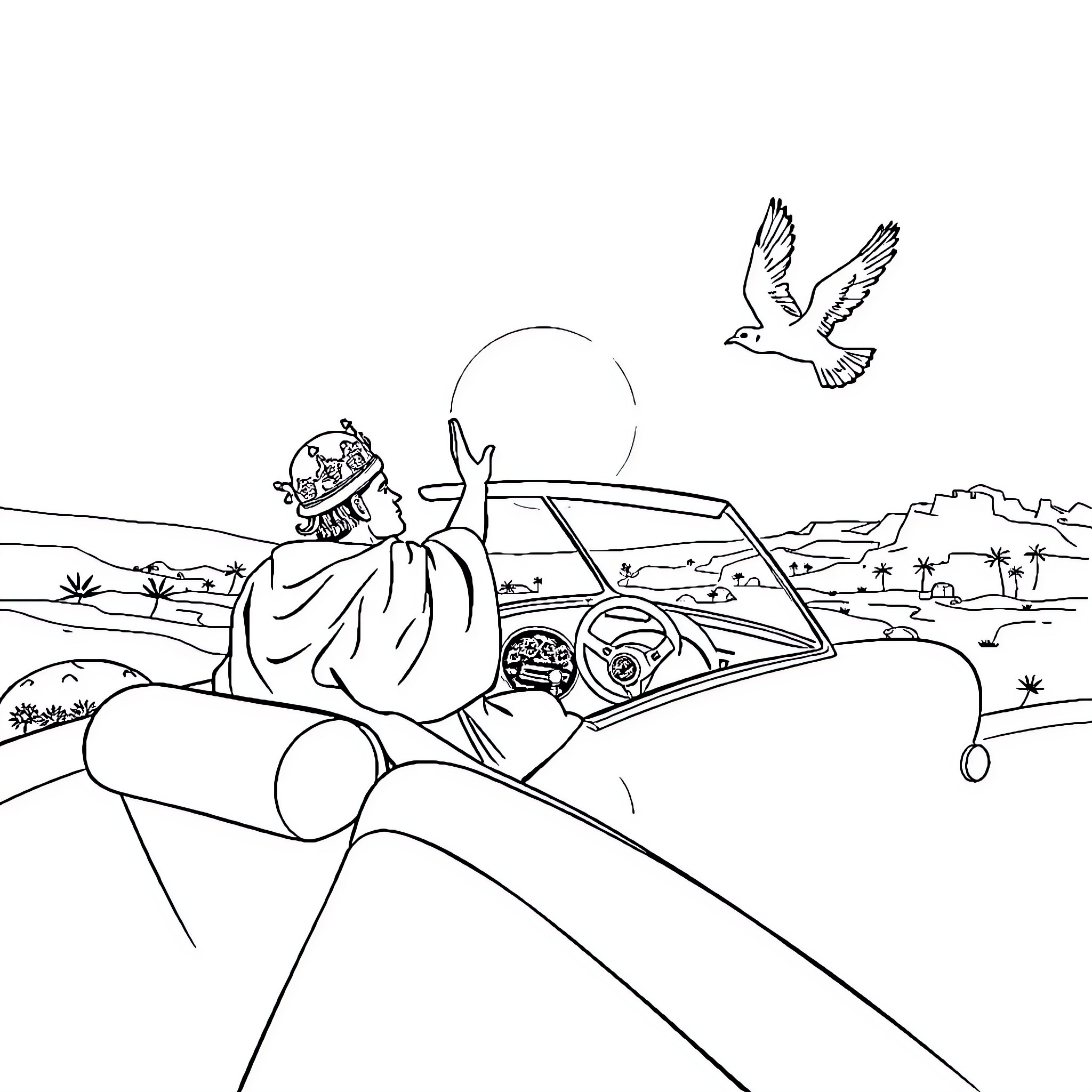King of Morocco enjoying scenic drive in classic car Coloring Page (free black-and-white line drawing printable PDF for all, from beginners to advanced learners, including children, teens, adults, and seniors)