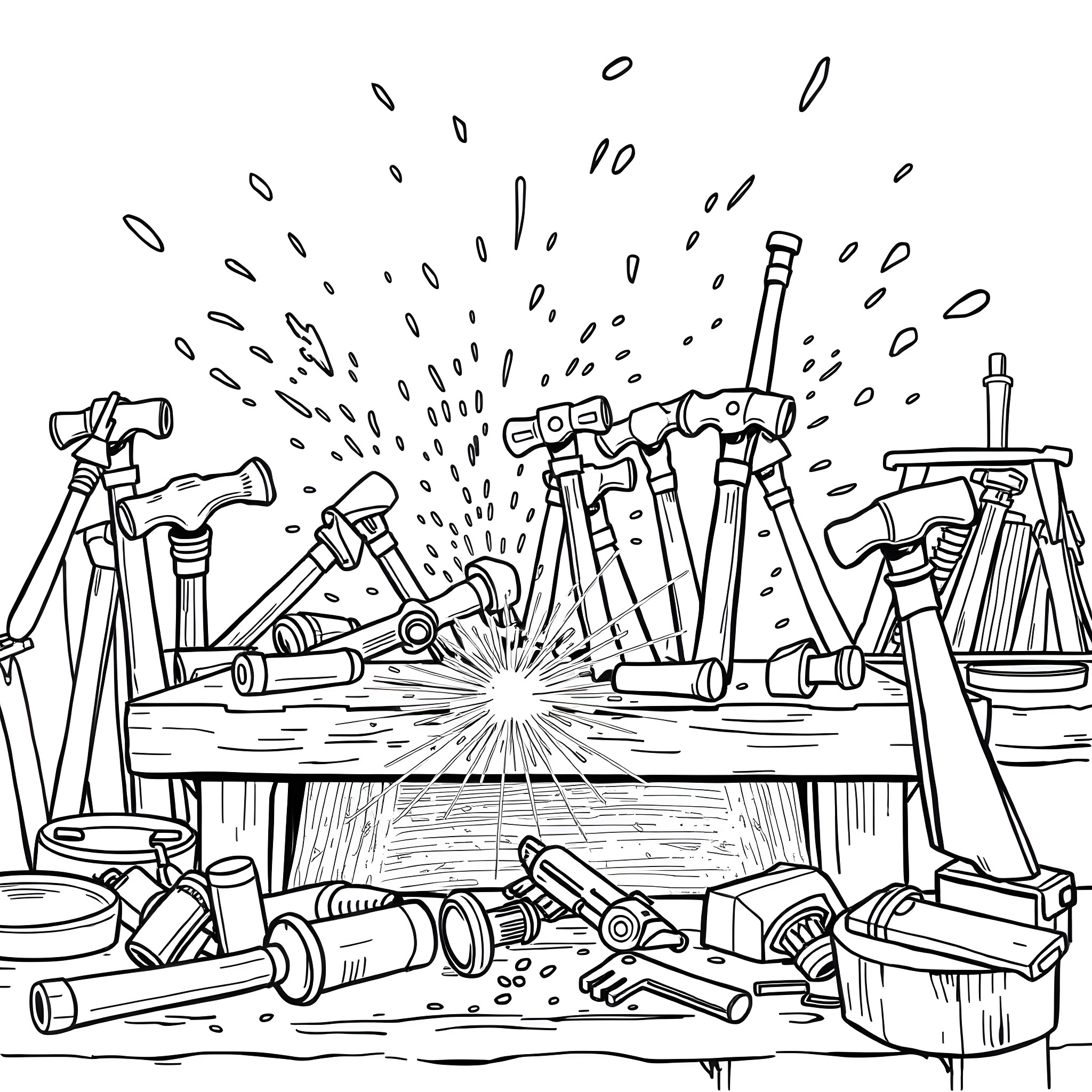 Hammer Tools Scattered on Workbench Coloring Page (free black-and-white line drawing printable PDF for all, from beginners to advanced learners, including children, teens, adults, and seniors)