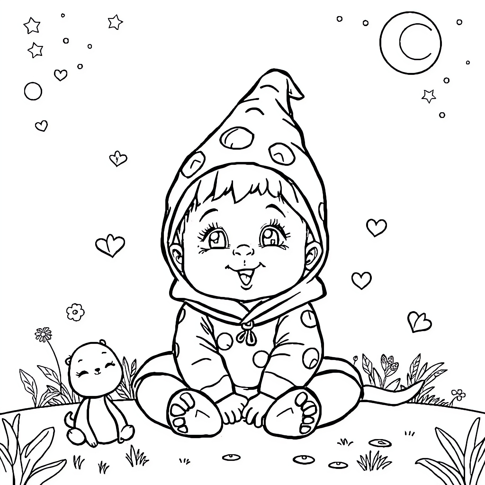 Baby playing happily in the garden Coloring Page (free black-and-white line drawing printable PDF for all, from beginners to advanced learners, including children, teens, adults, and seniors)