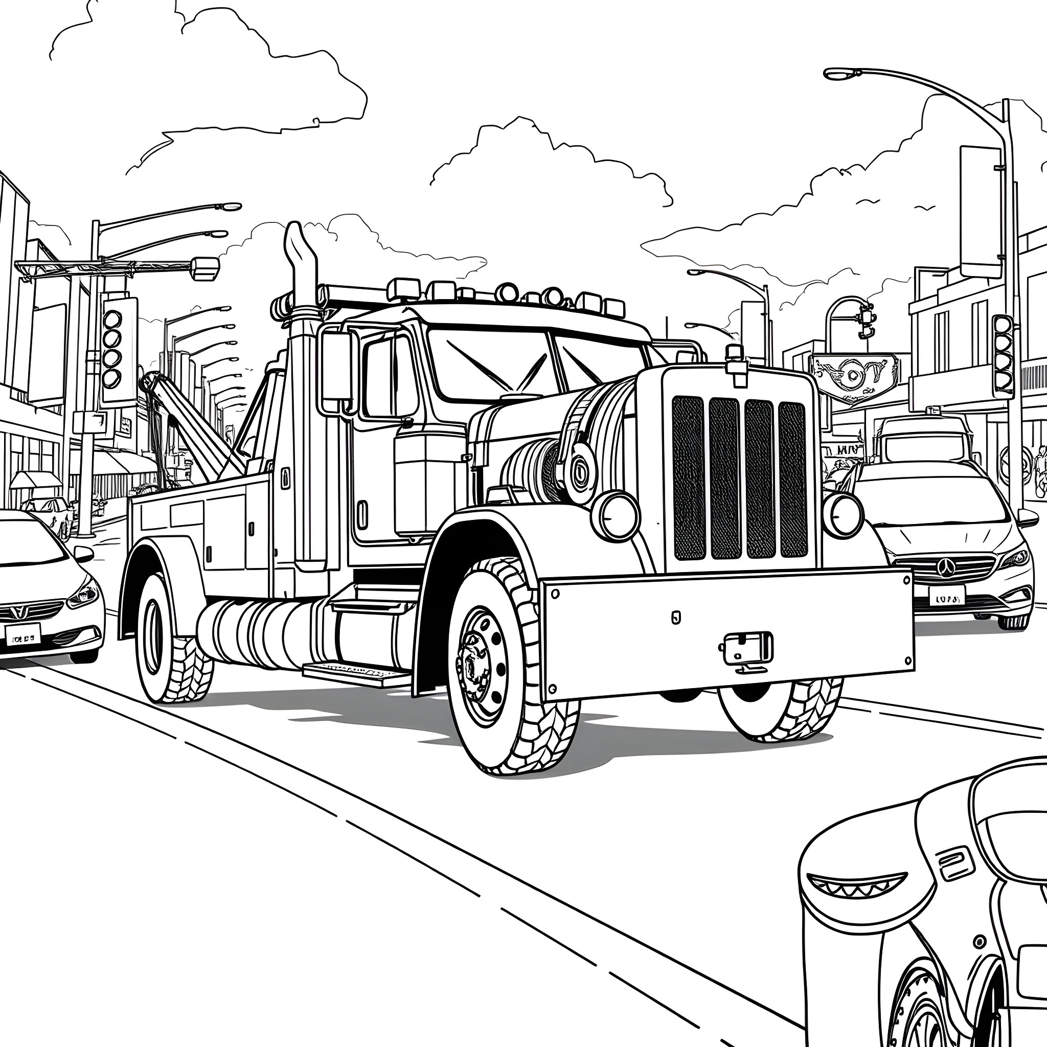 Tow Truck Assisting Disabled Vehicle on City Street Coloring Page (free black-and-white line drawing printable PDF for all, from beginners to advanced learners, including children, teens, adults, and seniors)