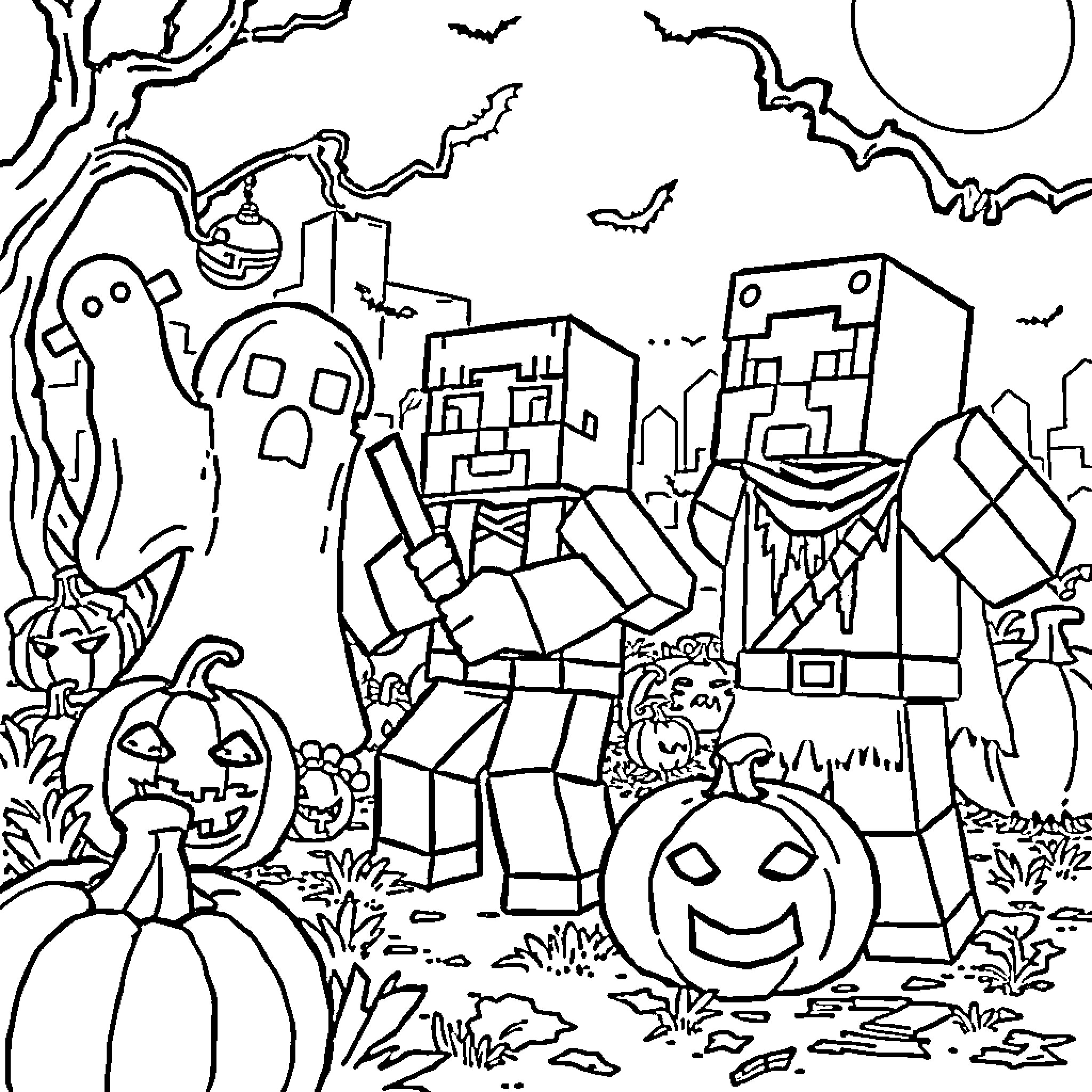Minecraft Halloween scene with spooky characters and pumpkins Coloring Page (free black-and-white line drawing printable PDF for all, from beginners to advanced learners, including children, teens, adults, and seniors)