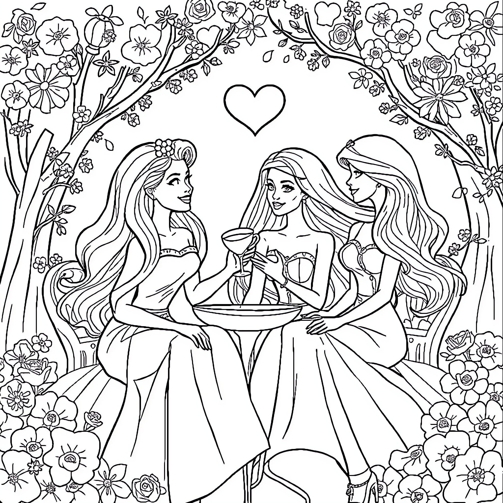 Barbie and Friends Enjoying a Floral Tea Party Coloring Page (free black-and-white line drawing printable PDF for all, from beginners to advanced learners, including children, teens, adults, and seniors)
