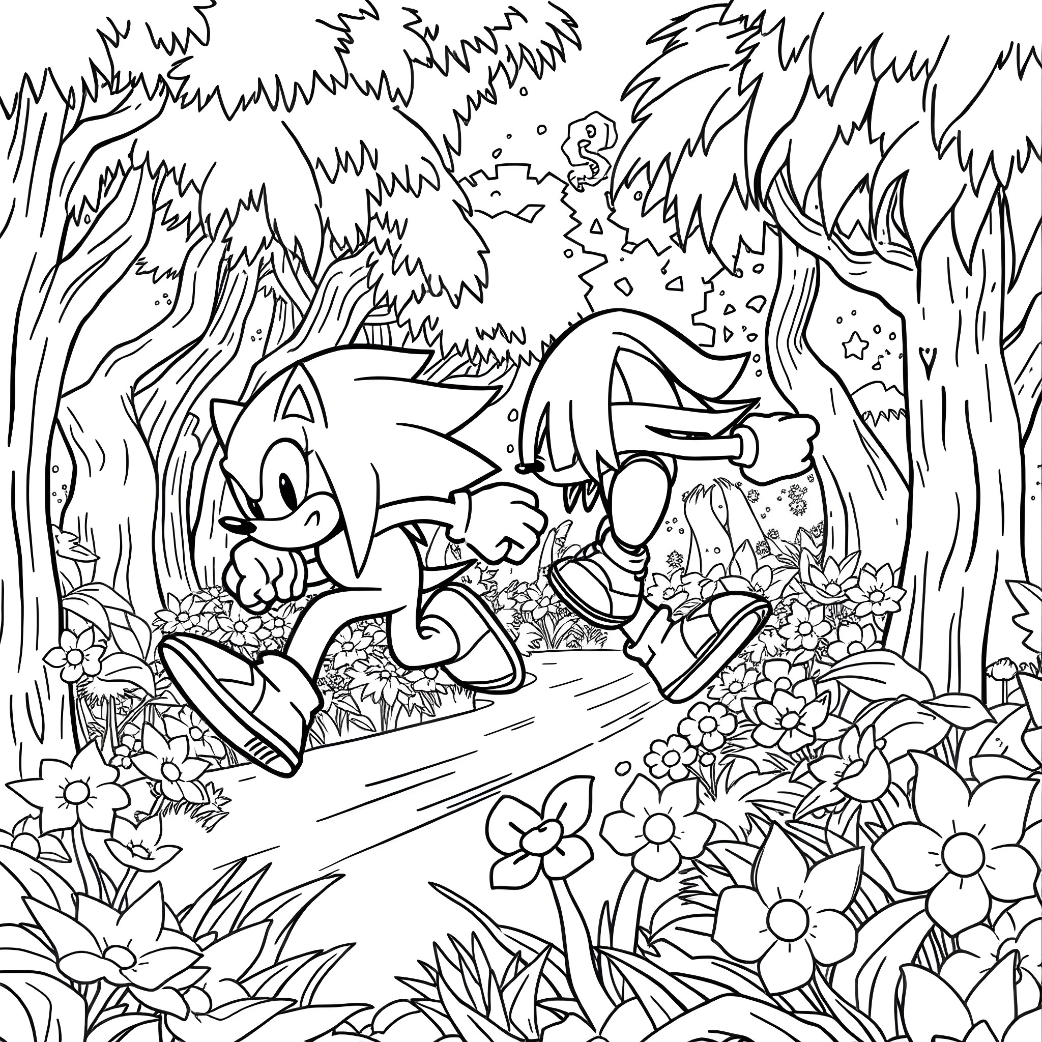 Sonic and Friends in a Whimsical Forest Adventure Coloring Page (free black-and-white line drawing printable PDF for all, from beginners to advanced learners, including children, teens, adults, and seniors)