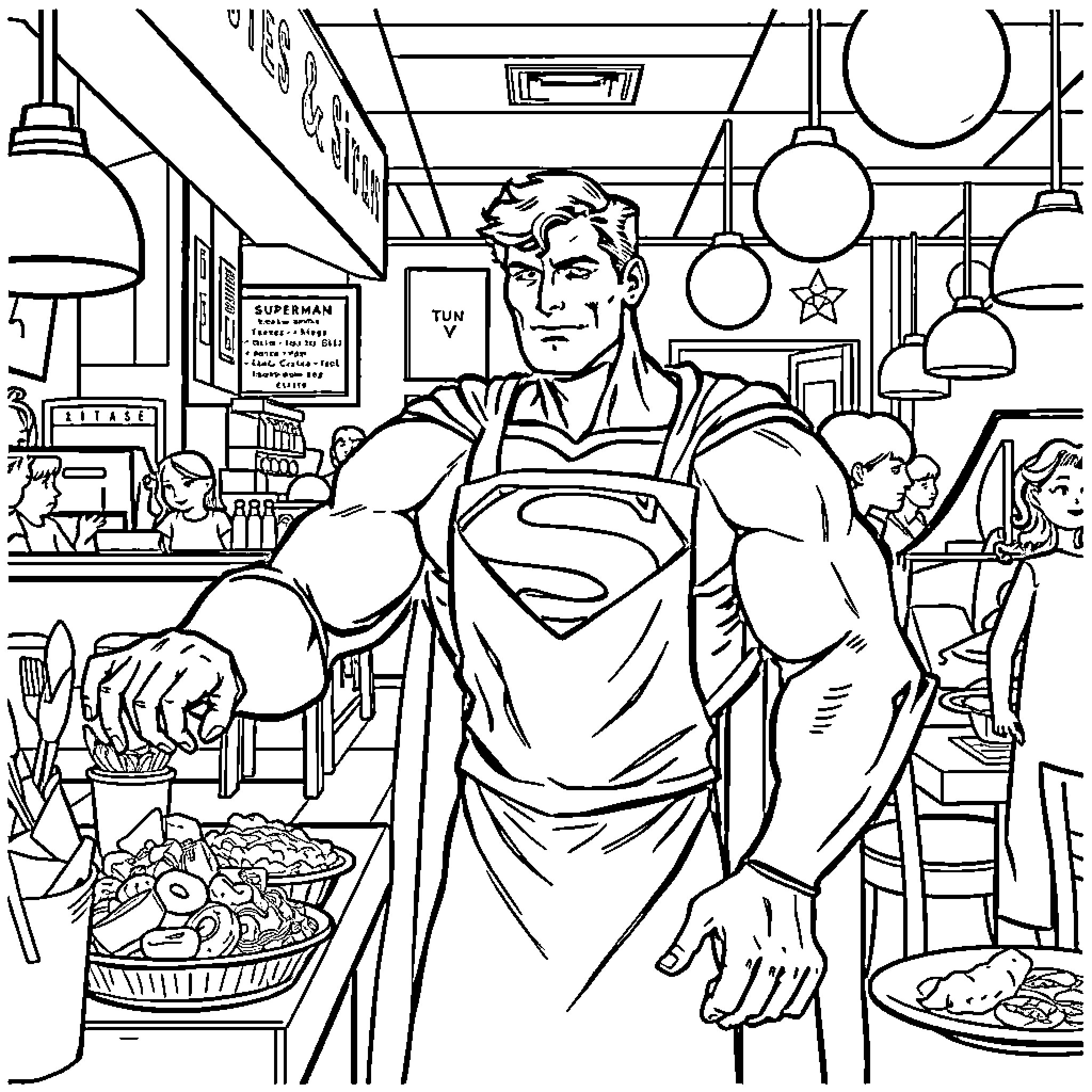 Superman Saves the Day in a Bustling Diner Coloring Page (free black-and-white line drawing printable PDF for all, from beginners to advanced learners, including children, teens, adults, and seniors)