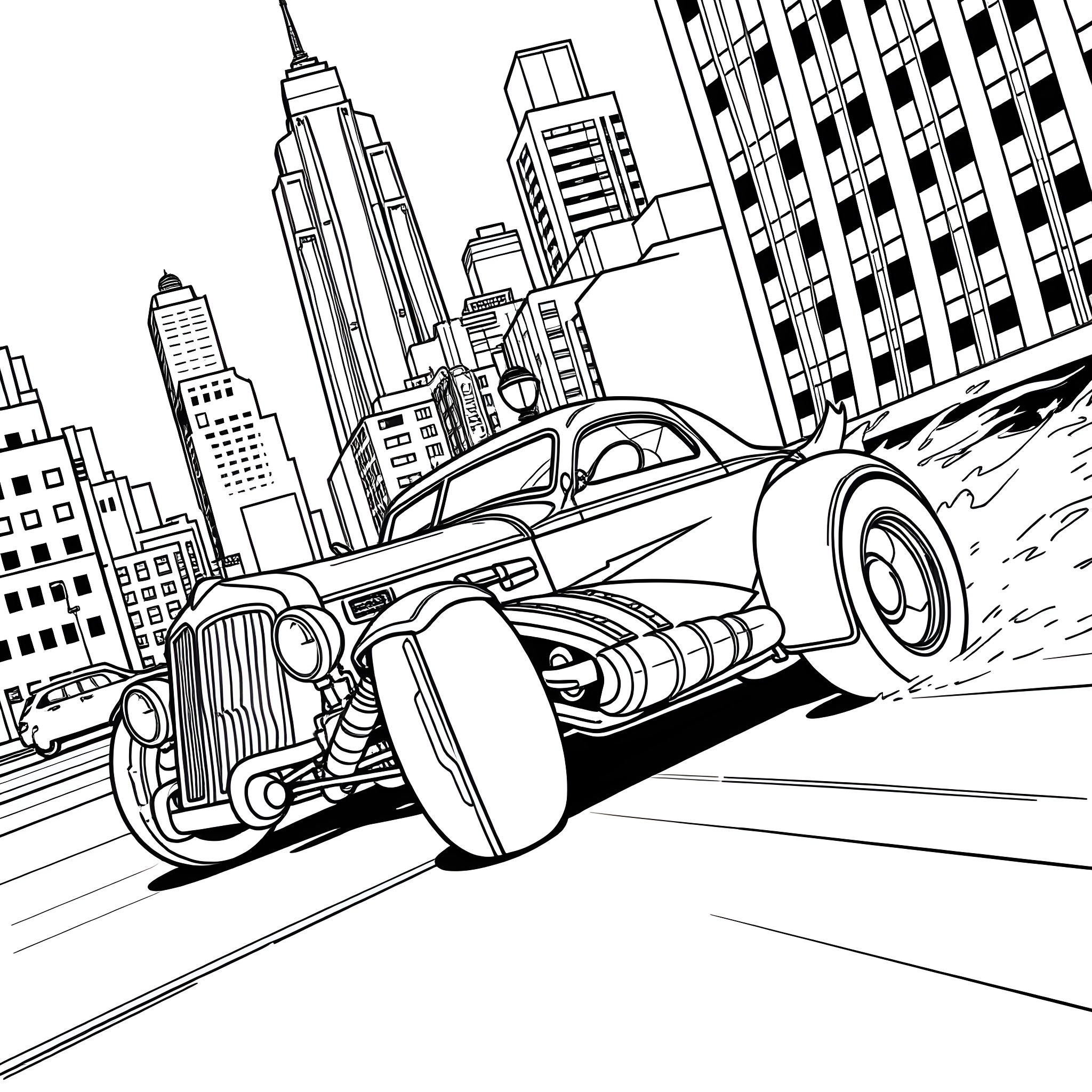 Autobot Speeding Through Futuristic City Coloring Page (free black-and-white line drawing printable PDF for all, from beginners to advanced learners, including children, teens, adults, and seniors)