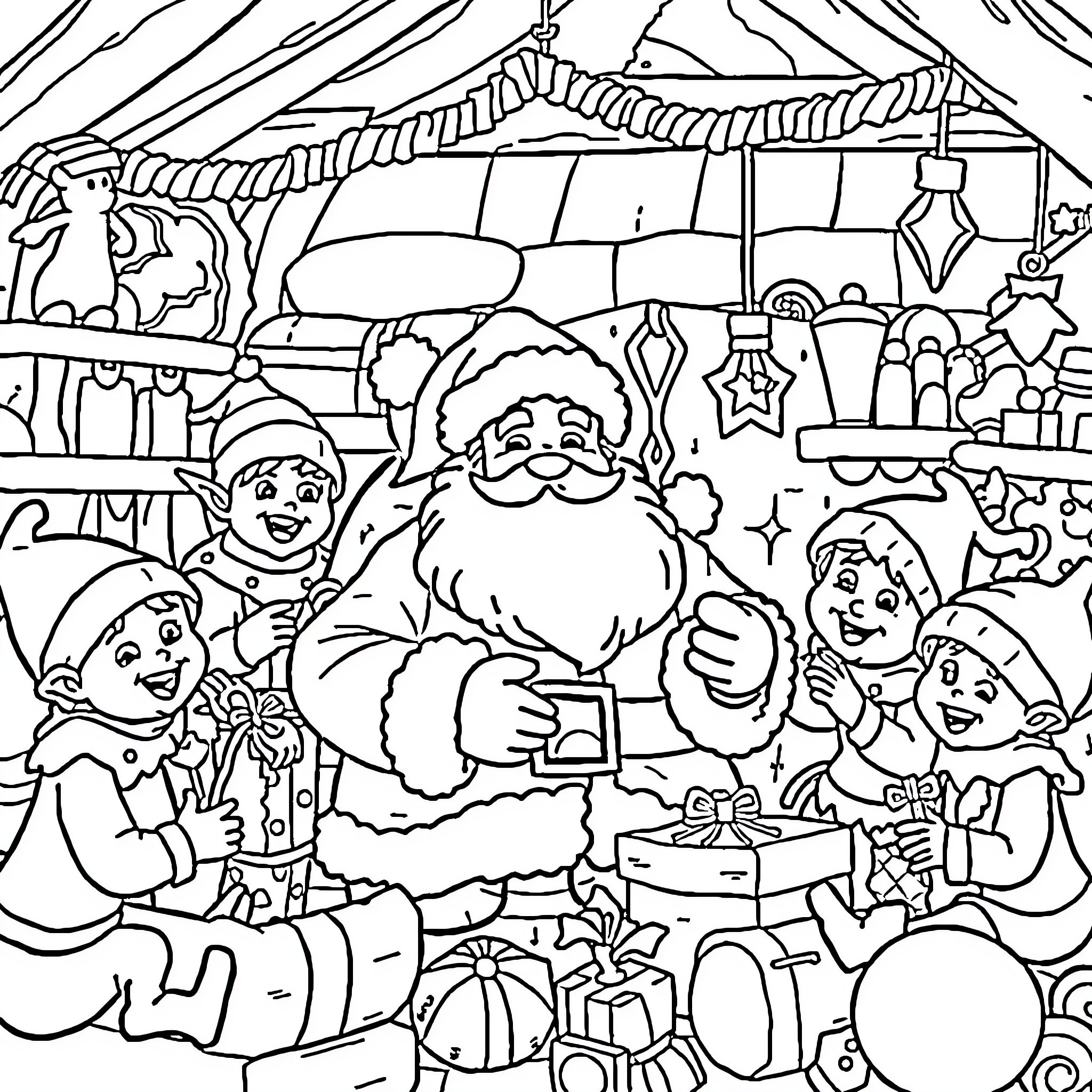 Santa Claus and Elves Celebrating the Holiday Season Coloring Page (free black-and-white line drawing printable PDF for all, from beginners to advanced learners, including children, teens, adults, and seniors)