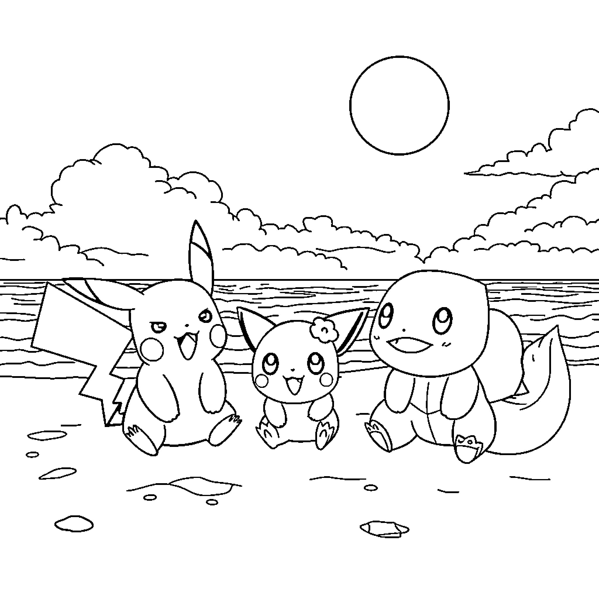 Pikachu and friends enjoying a sunny day at the beach Coloring Page (free black-and-white line drawing printable PDF for all, from beginners to advanced learners, including children, teens, adults, and seniors)