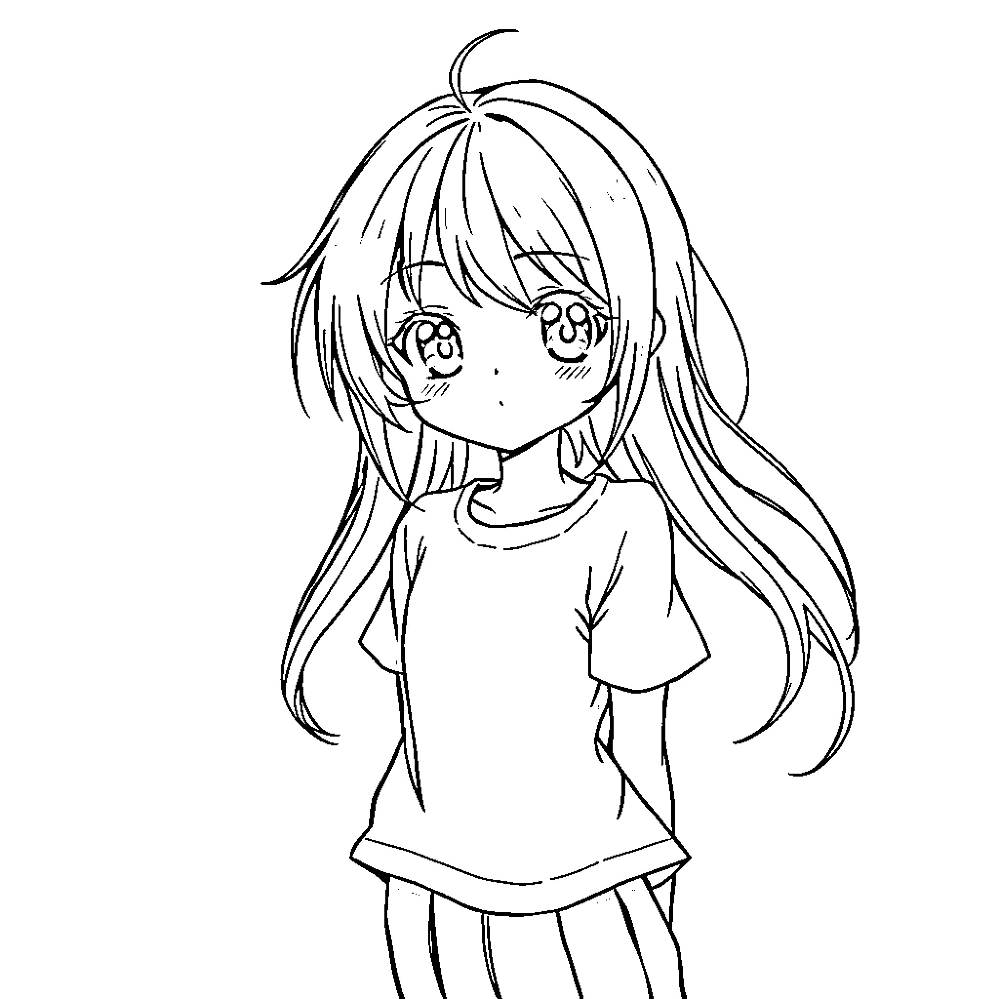 Anime Girl with long hair and big eyes Coloring Page (free black-and-white line drawing printable PDF for all, from beginners to advanced learners, including children, teens, adults, and seniors)