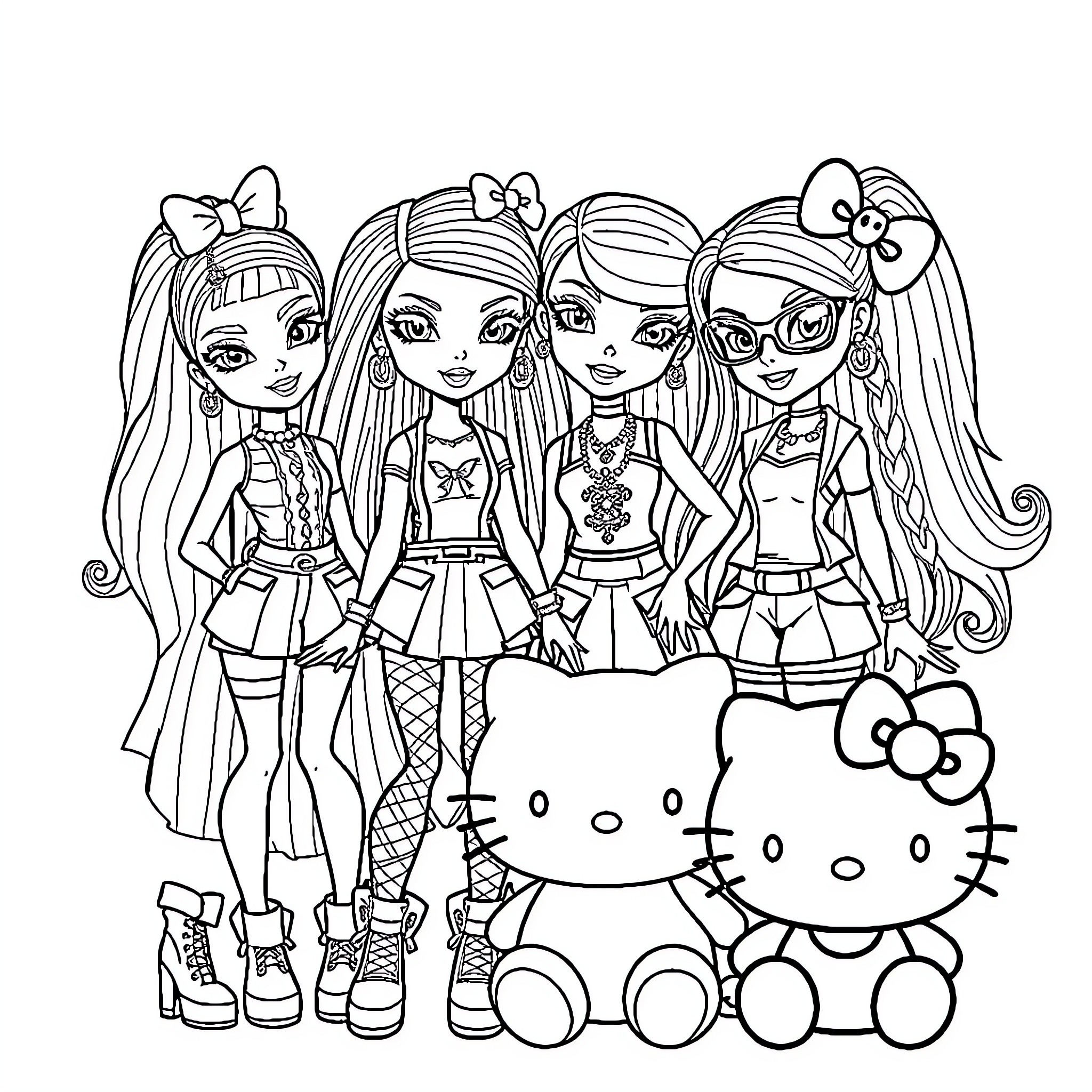 Bratz girls in vibrant outfits and accessories Coloring Page (free black-and-white line drawing printable PDF for all, from beginners to advanced learners, including children, teens, adults, and seniors)