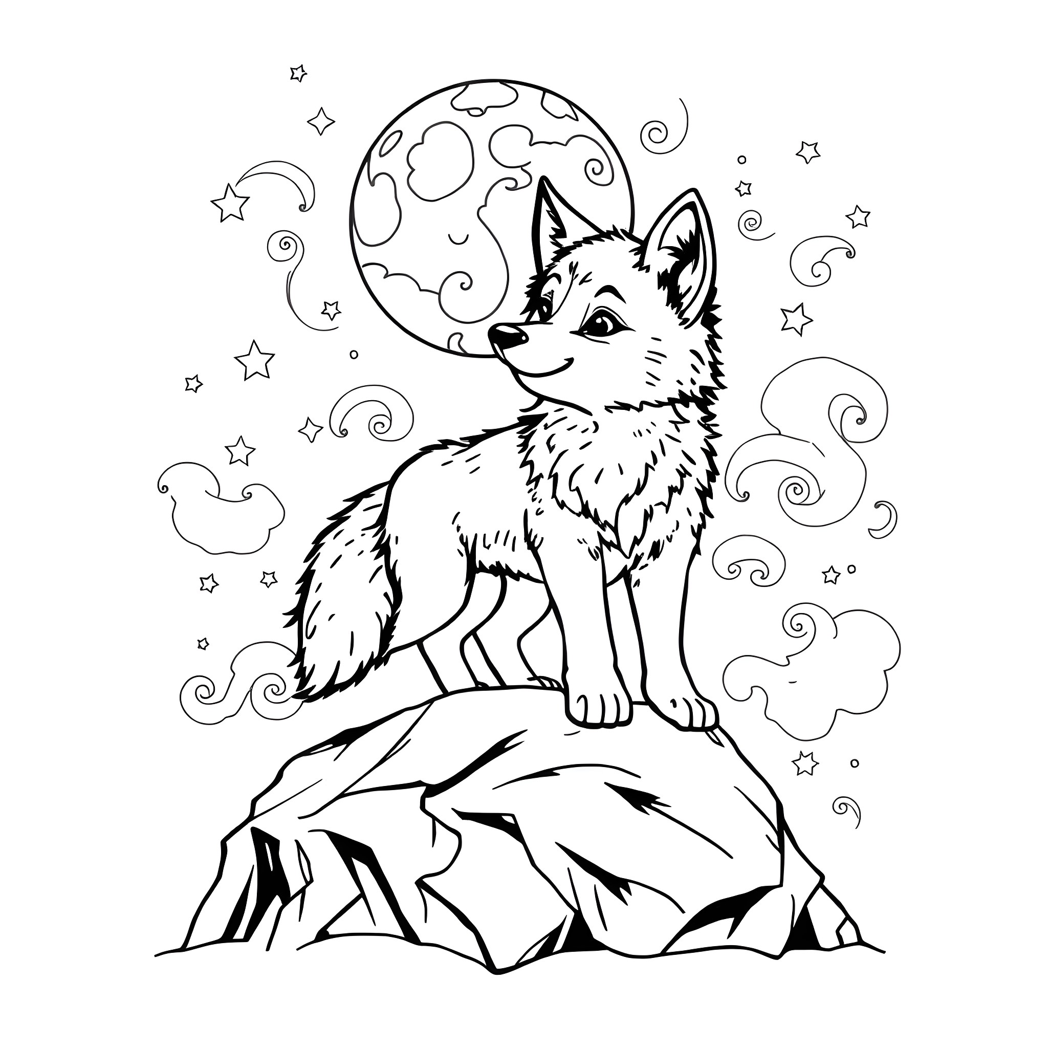 Wolf gazing at the moonlit sky with stars Coloring Page (free black-and-white line drawing printable PDF for all, from beginners to advanced learners, including children, teens, adults, and seniors)