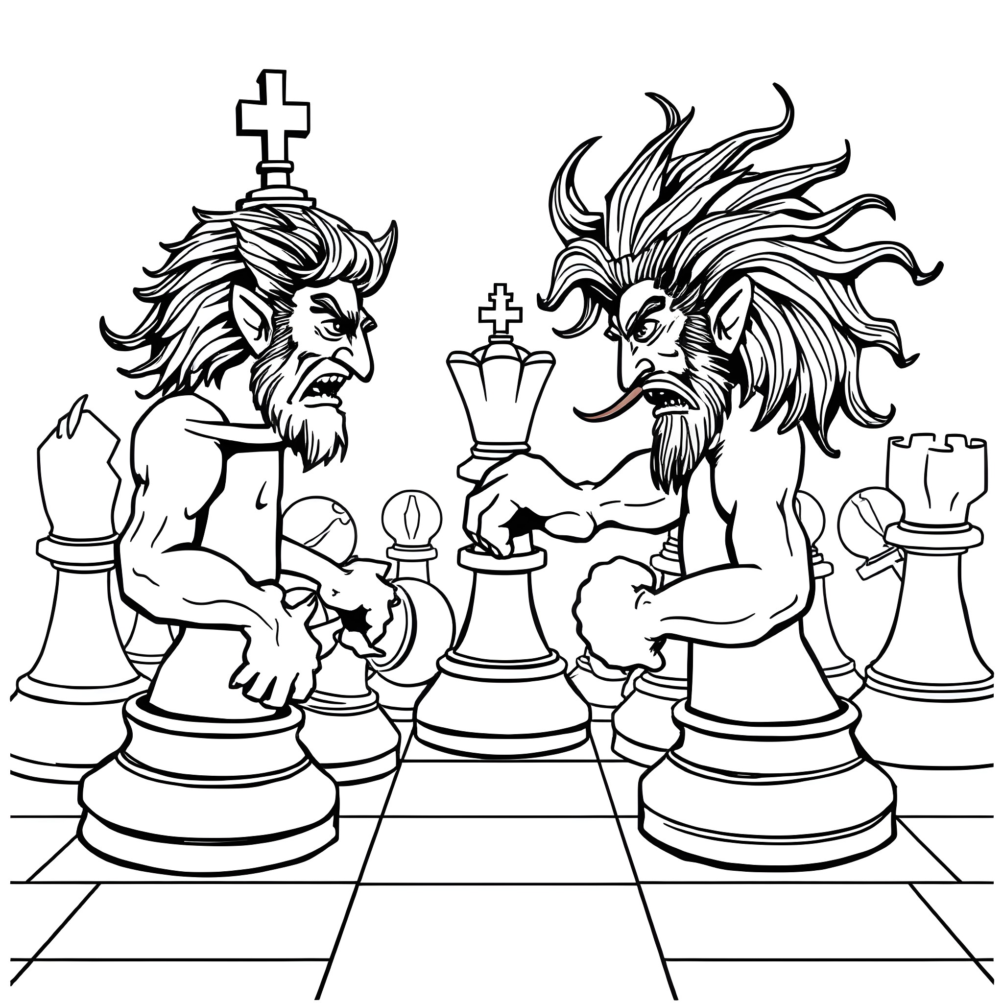 Chess Piece Battle on the Chessboard Coloring Page (free black-and-white line drawing printable PDF for all, from beginners to advanced learners, including children, teens, adults, and seniors)